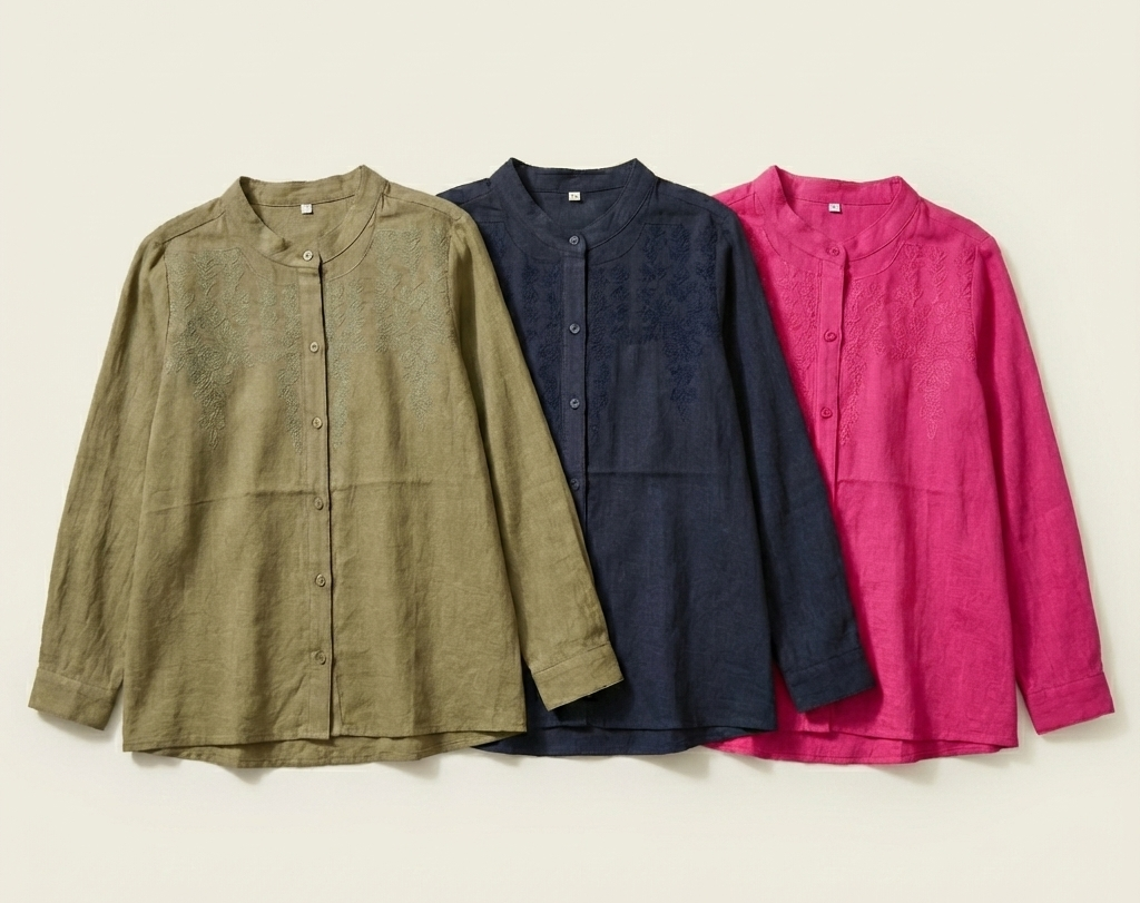 Floral Embroidered Mandarin-Collar Casual Shirt