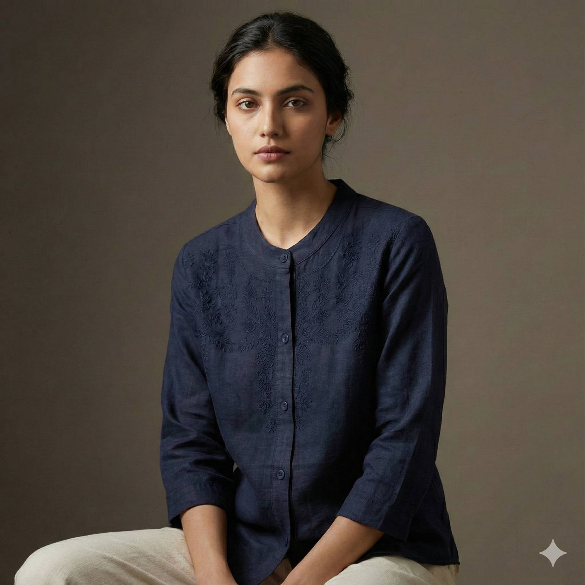 Floral Embroidered Mandarin-Collar Casual Shirt