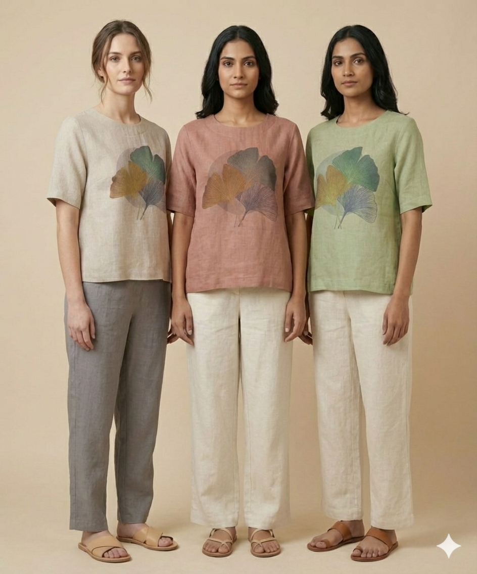 Women Relaxed Fit Linen Leaf Motif Top