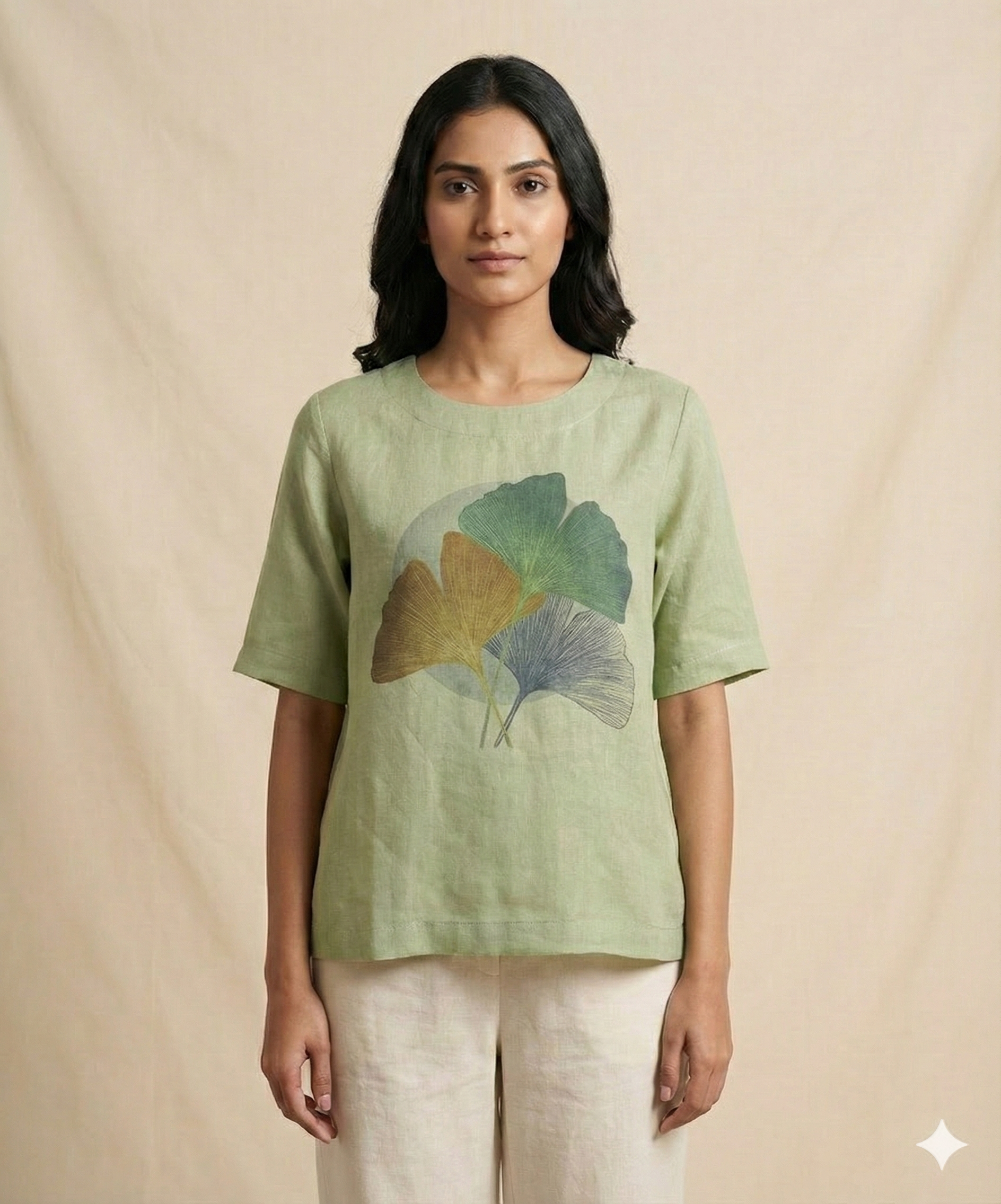 Women Relaxed Fit Linen Leaf Motif Top