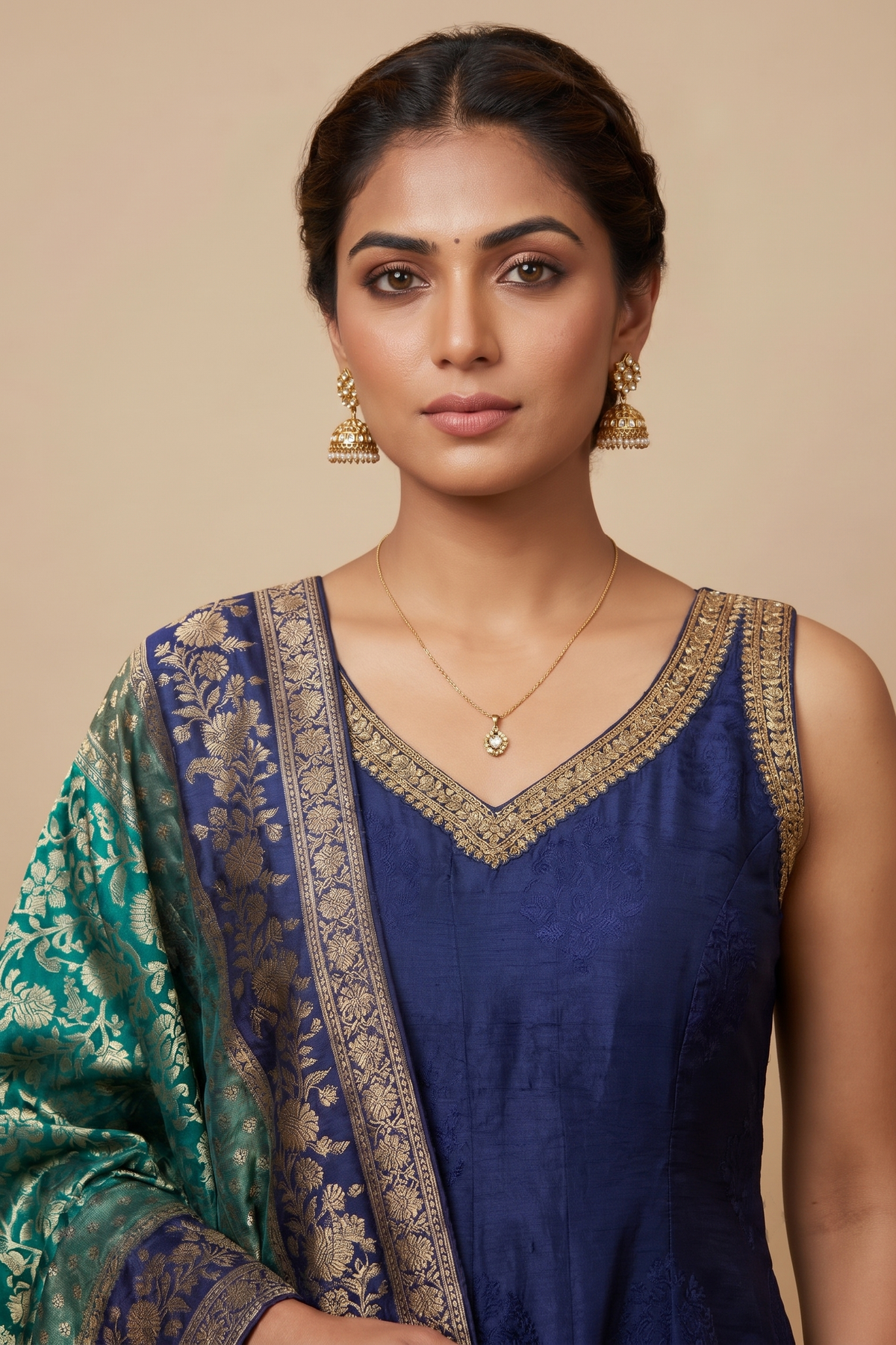 Blue Viscose Slub Anarkali Salwar Suit Set