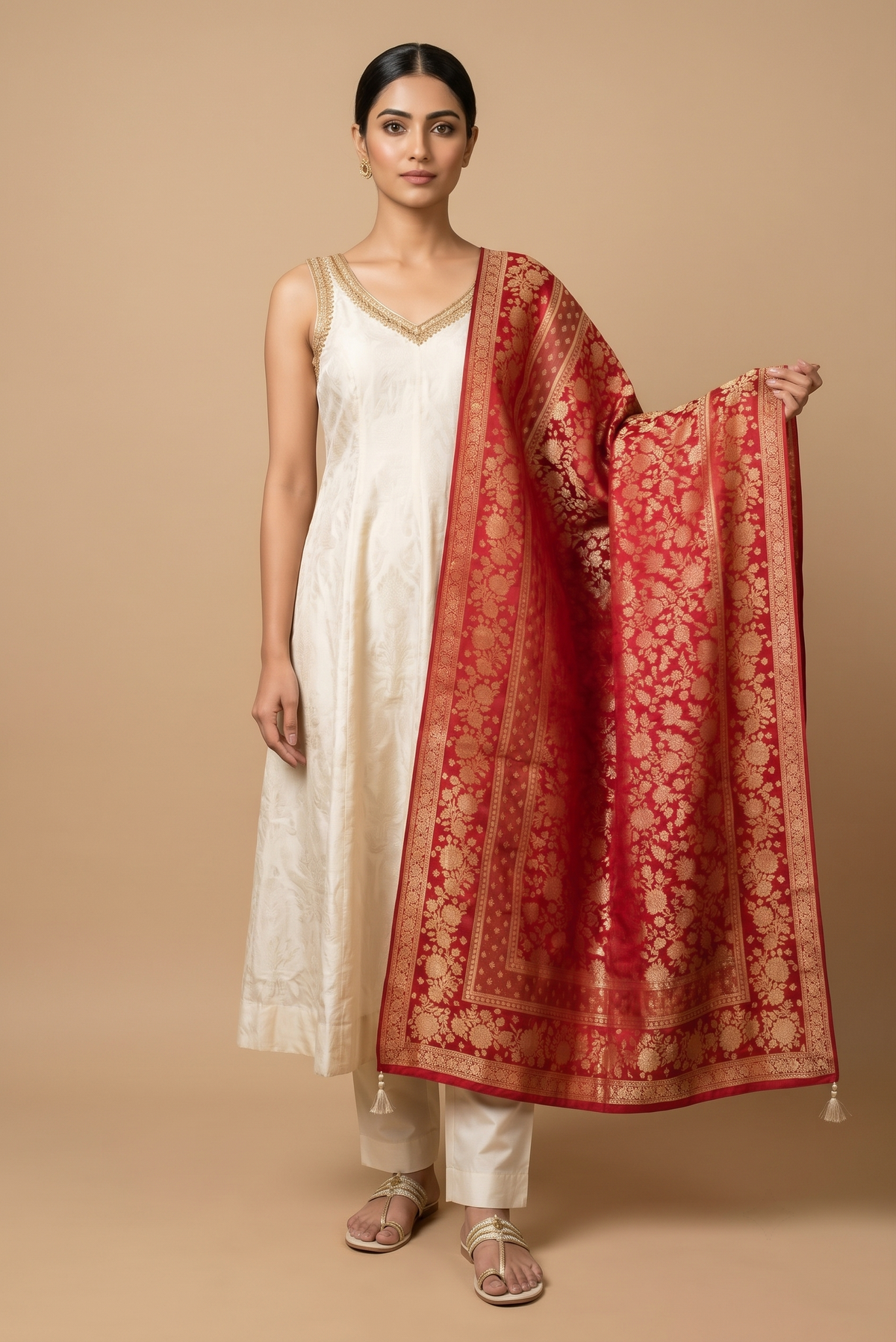 White Viscose Slub Anarkali Salwar Suit Set