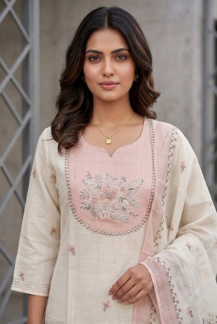 Cream Poly Linen Straight Salwar Suit