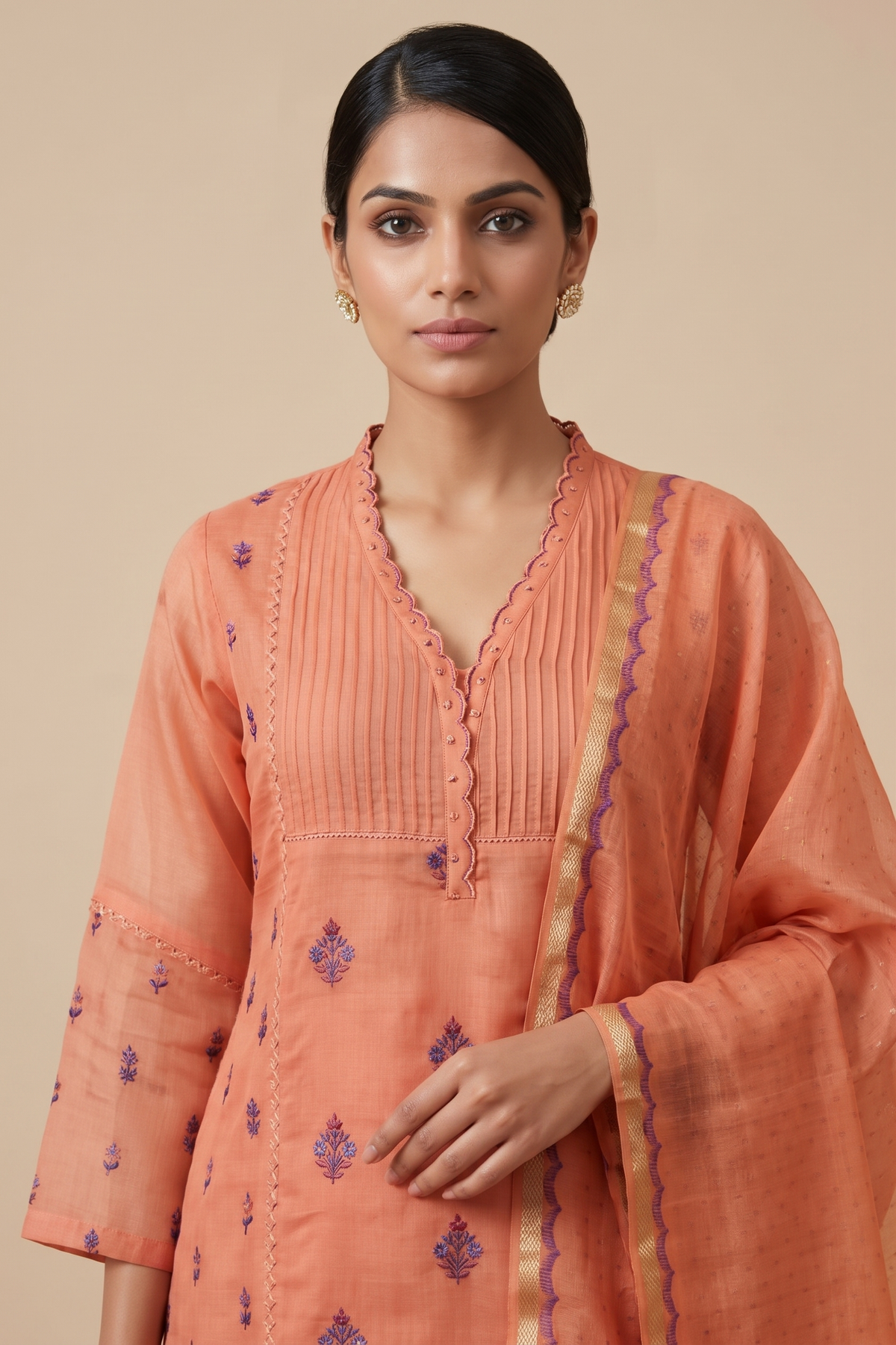 Orange Mal Chanderi A-line Salwar Suit Set
