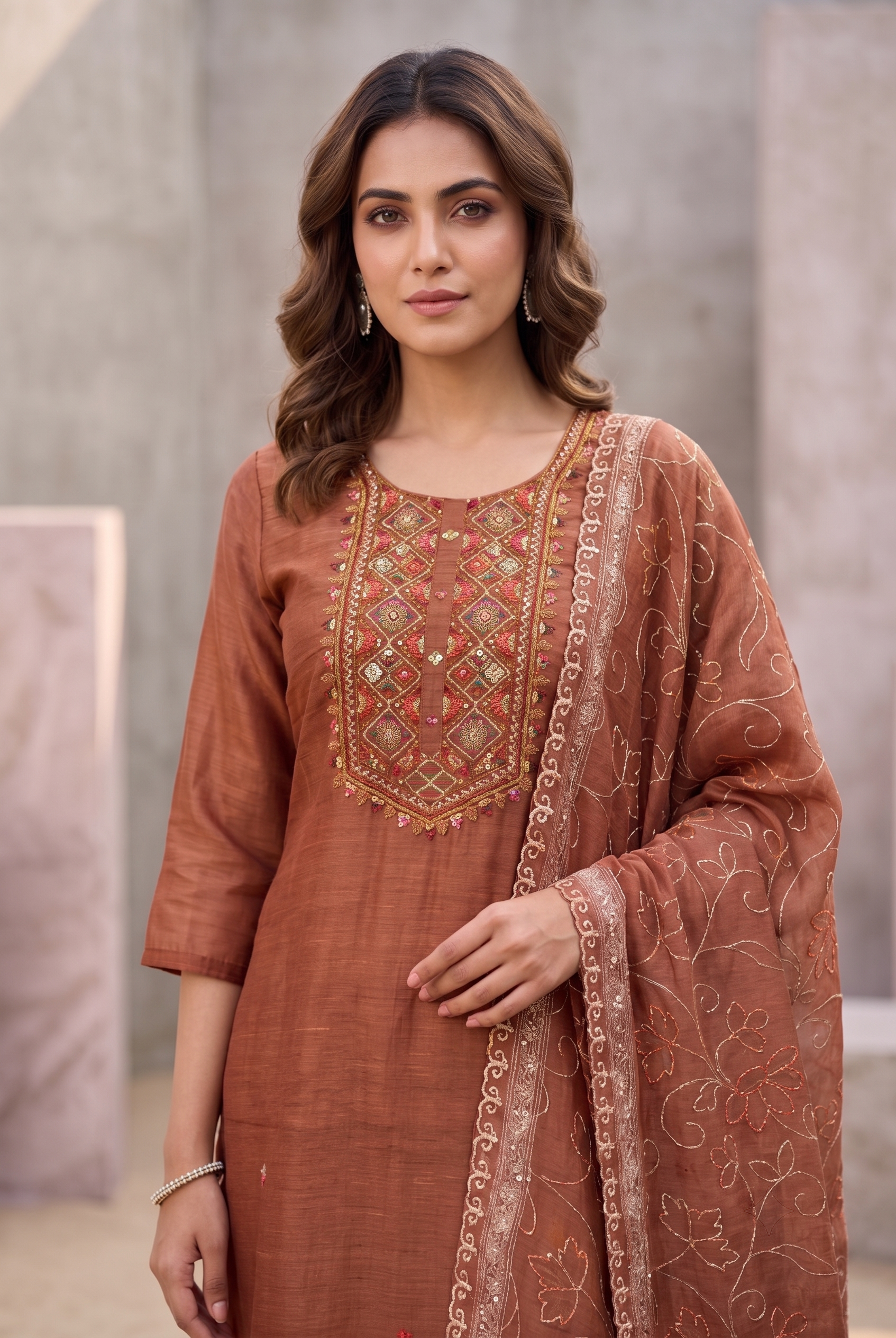 Radiant Rust Poly Mal Chanderi Straight Salwar Suit