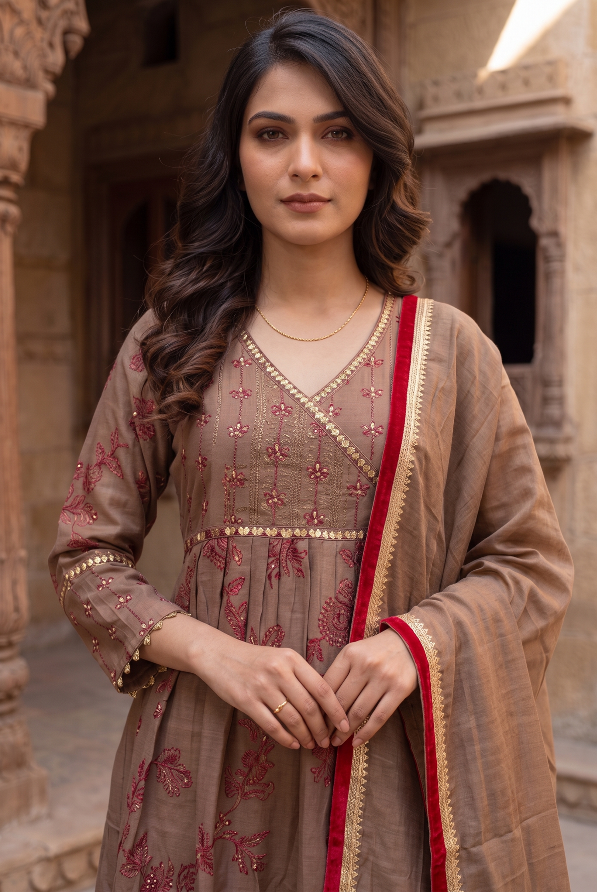 Coffee Mal Chanderi Anarkali Salwar Suit Set