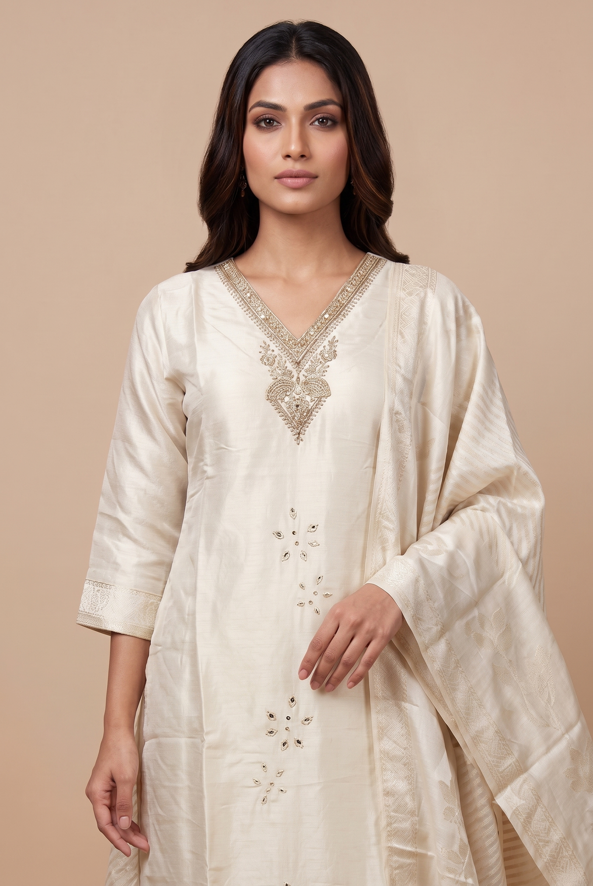 White Poly Tissue Jacquard Straight Suit Set