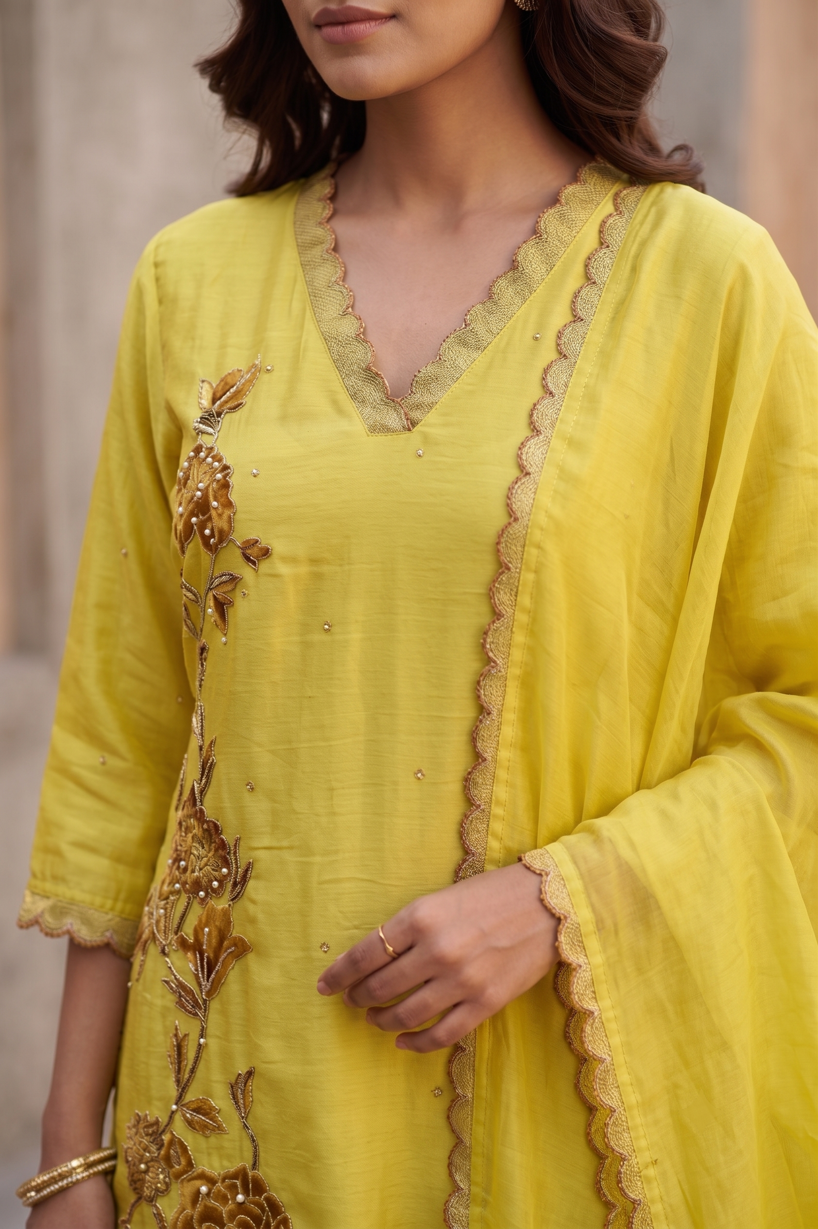 Yellow Dola Silk Straight Suit Set