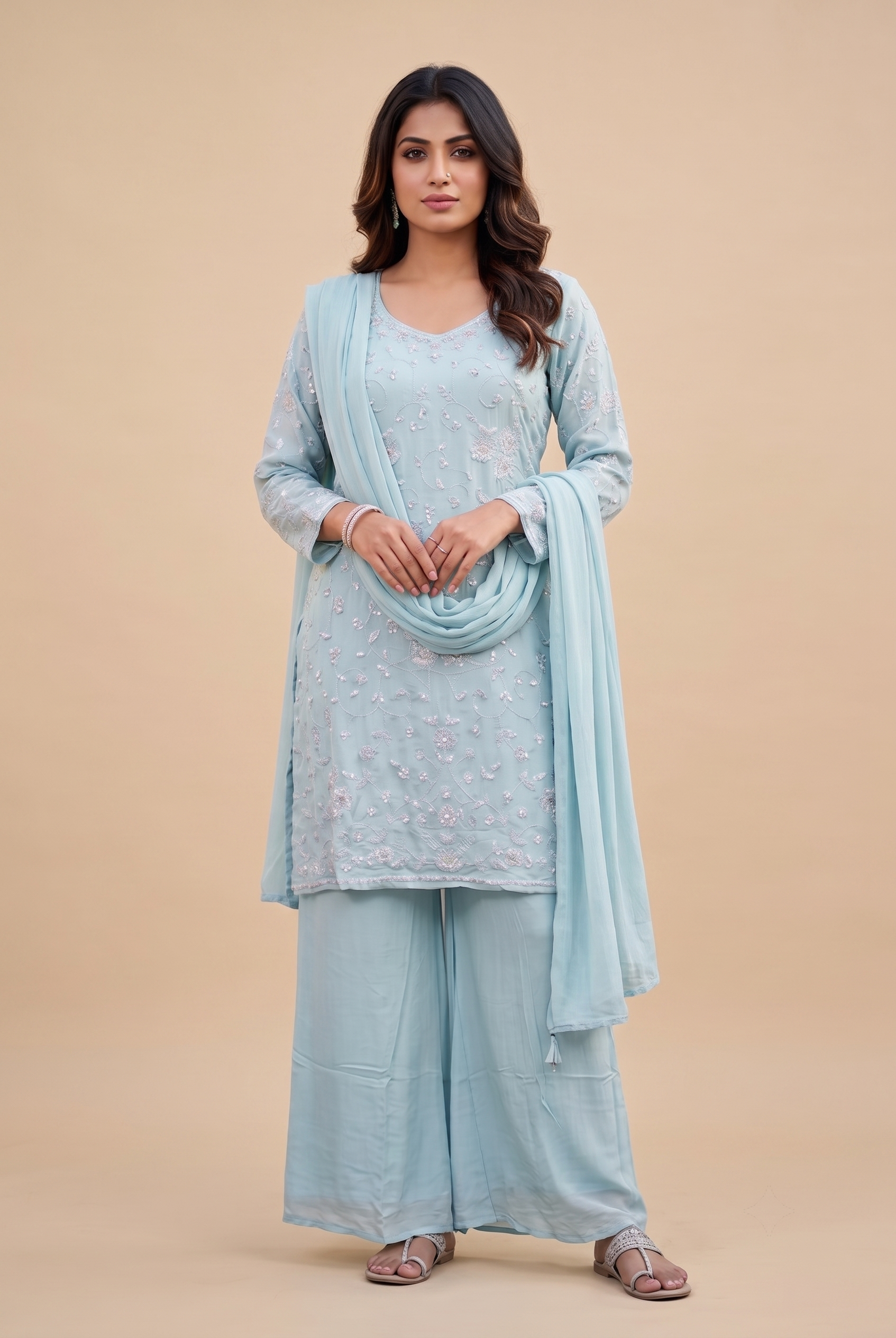 Blue Chinnon straight festive salwar suit