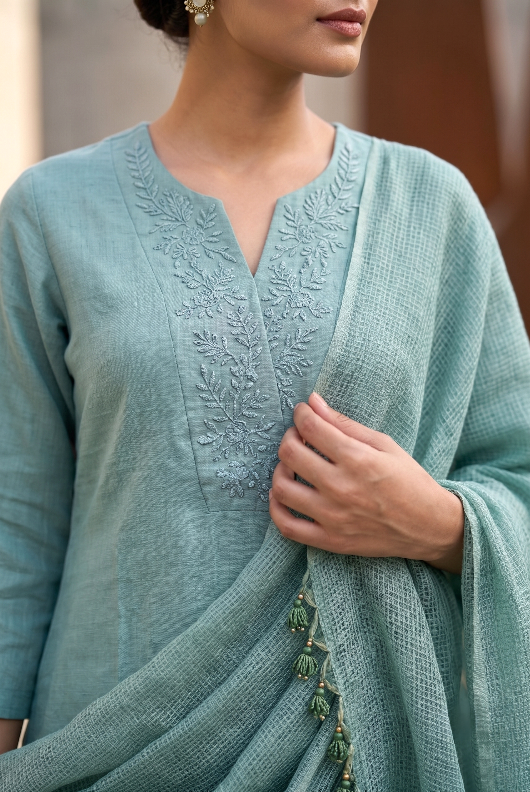 Sky Blue Linen Badla Work Suit Set