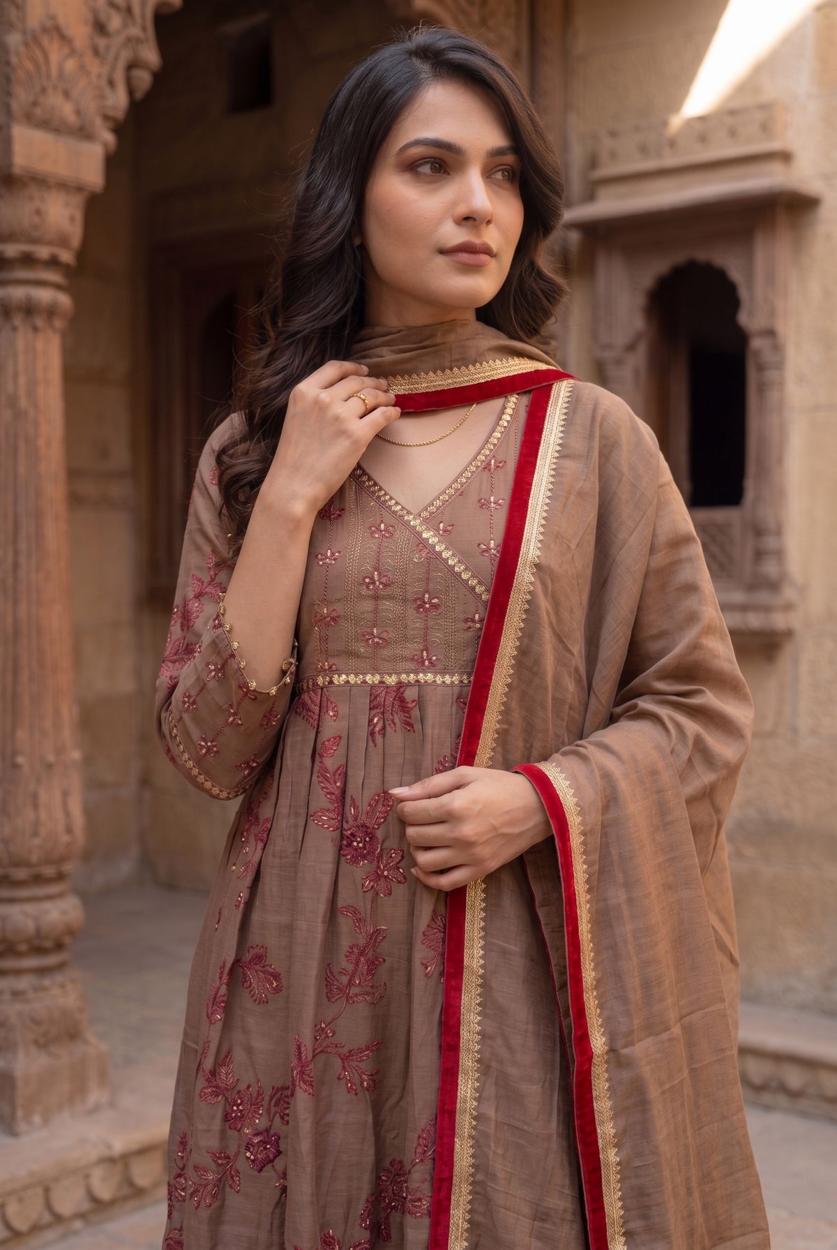 Coffee Mal Chanderi Anarkali Salwar Suit Set