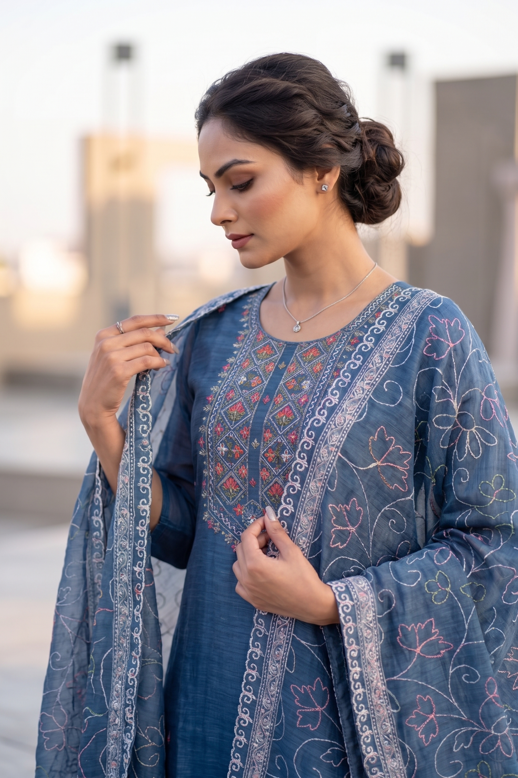 Elegant Blue Poly Mal Chanderi Straight Salwar Suit