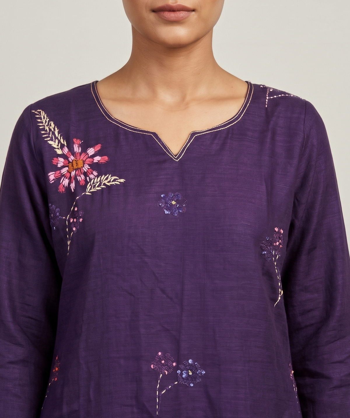 Purple  Semi-Linen  Straight Salwar Suit Set