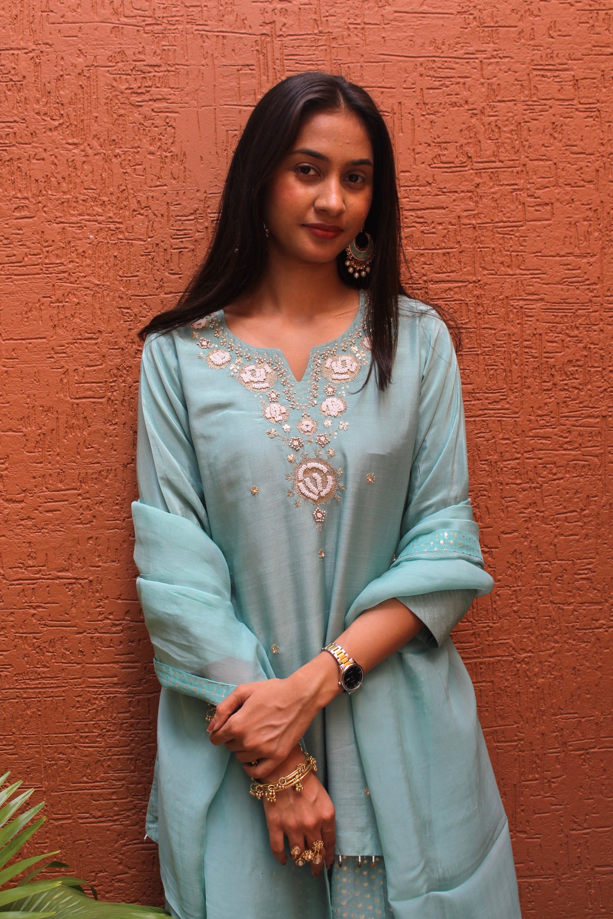 Sky Blue Muslin Short-Top Festive Outfit