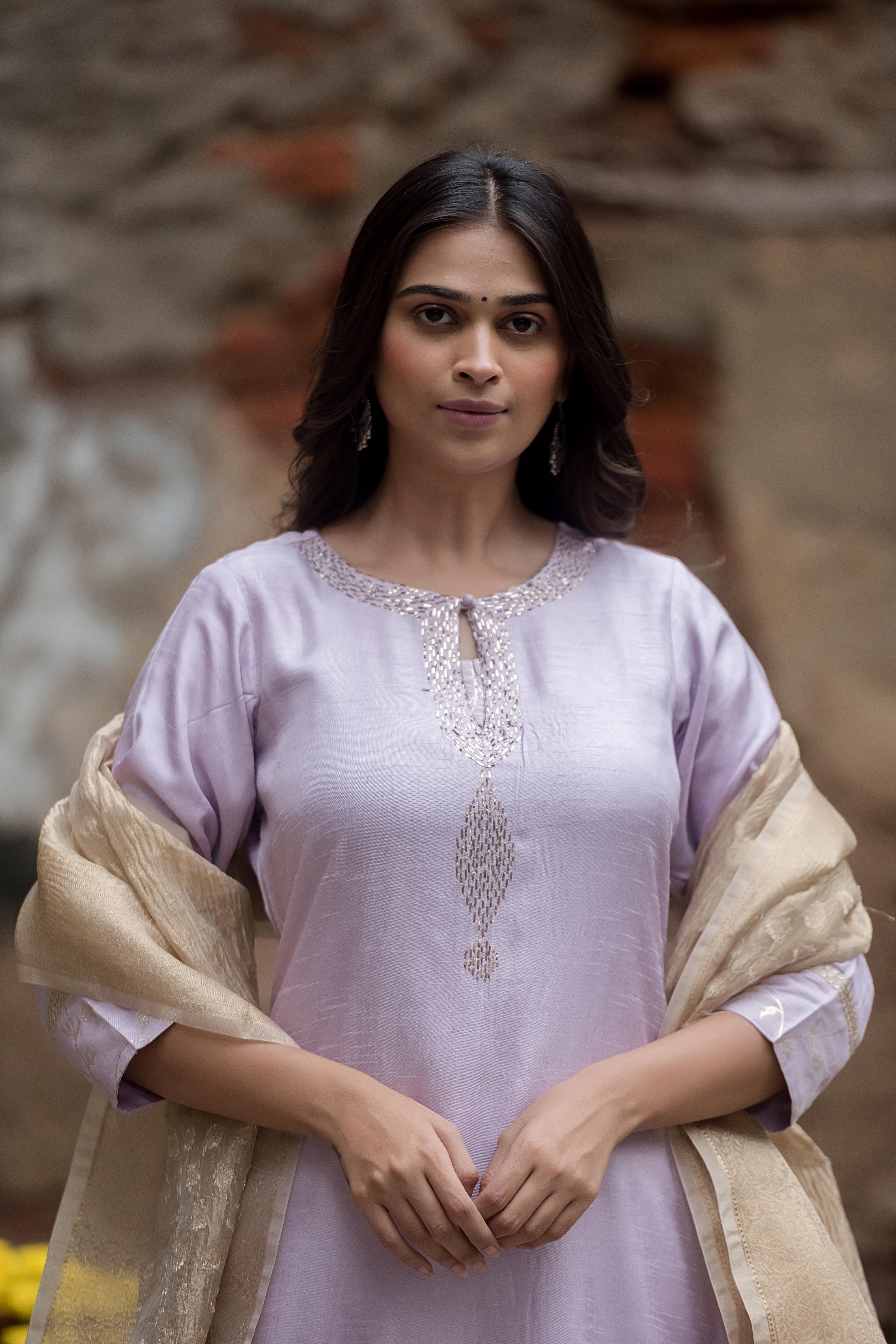 Lilac Silk Suit With Delicate Khat Work