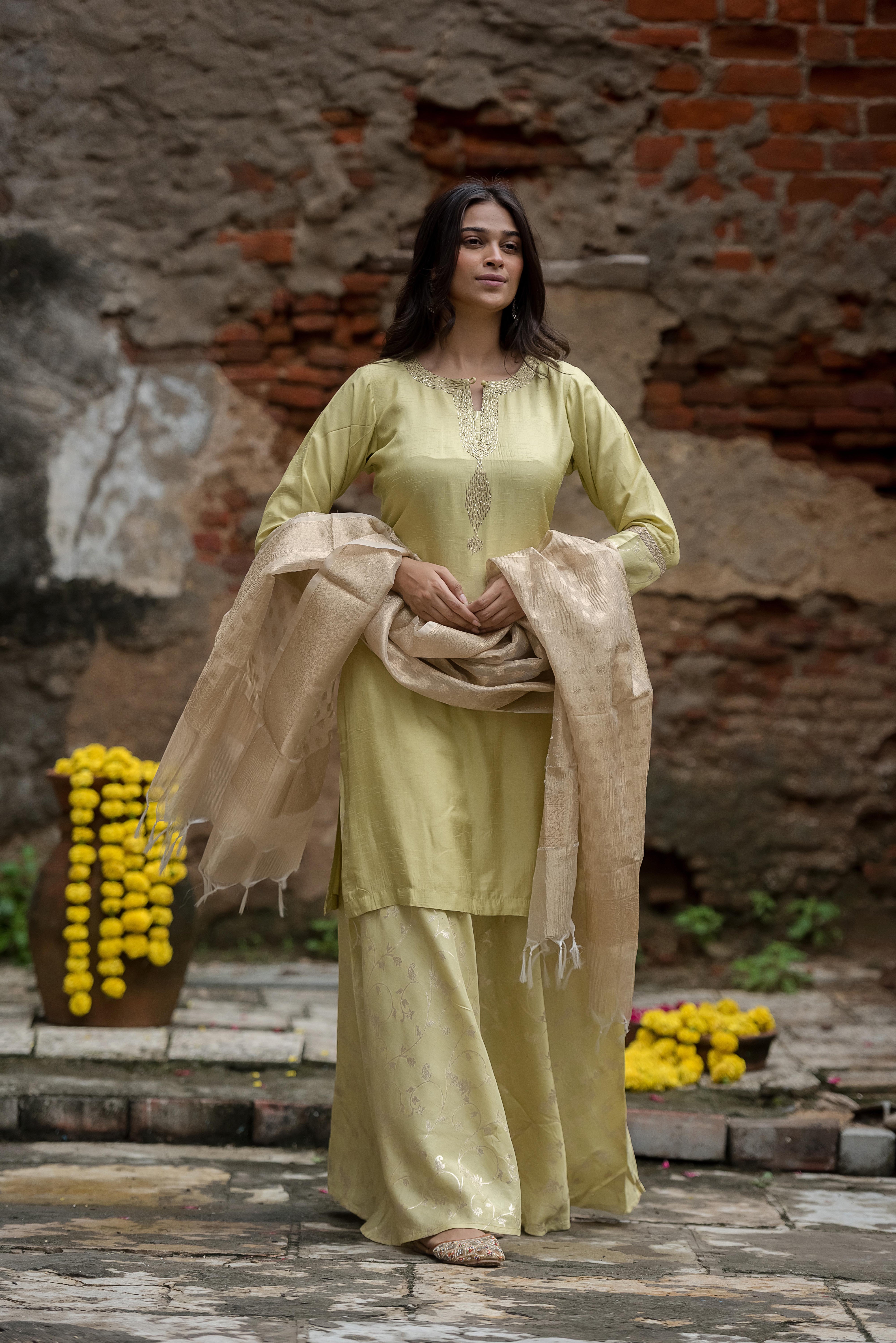 Pista Silk Suit With Delicate Khat Work