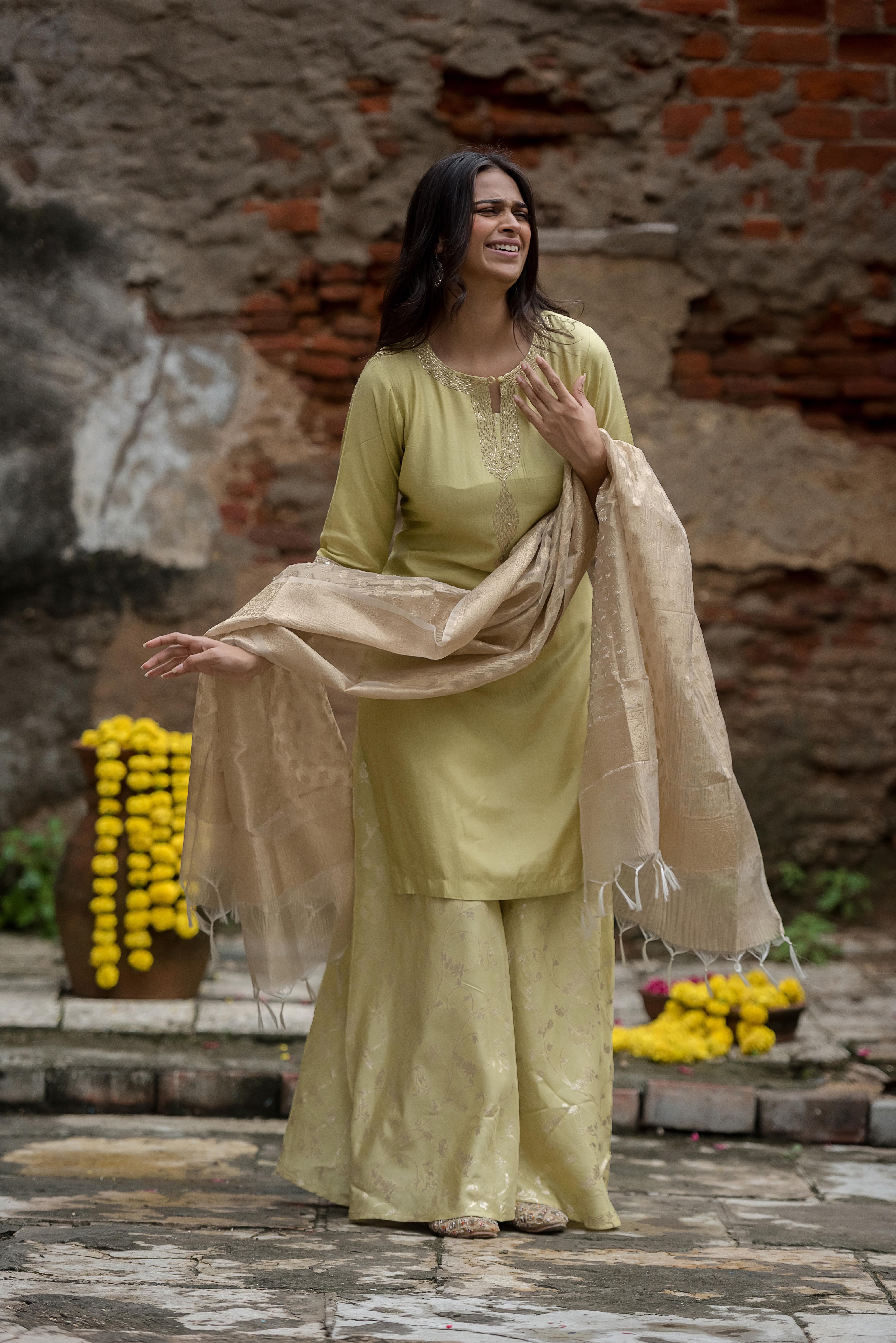 Pista Silk Suit With Delicate Khat Work