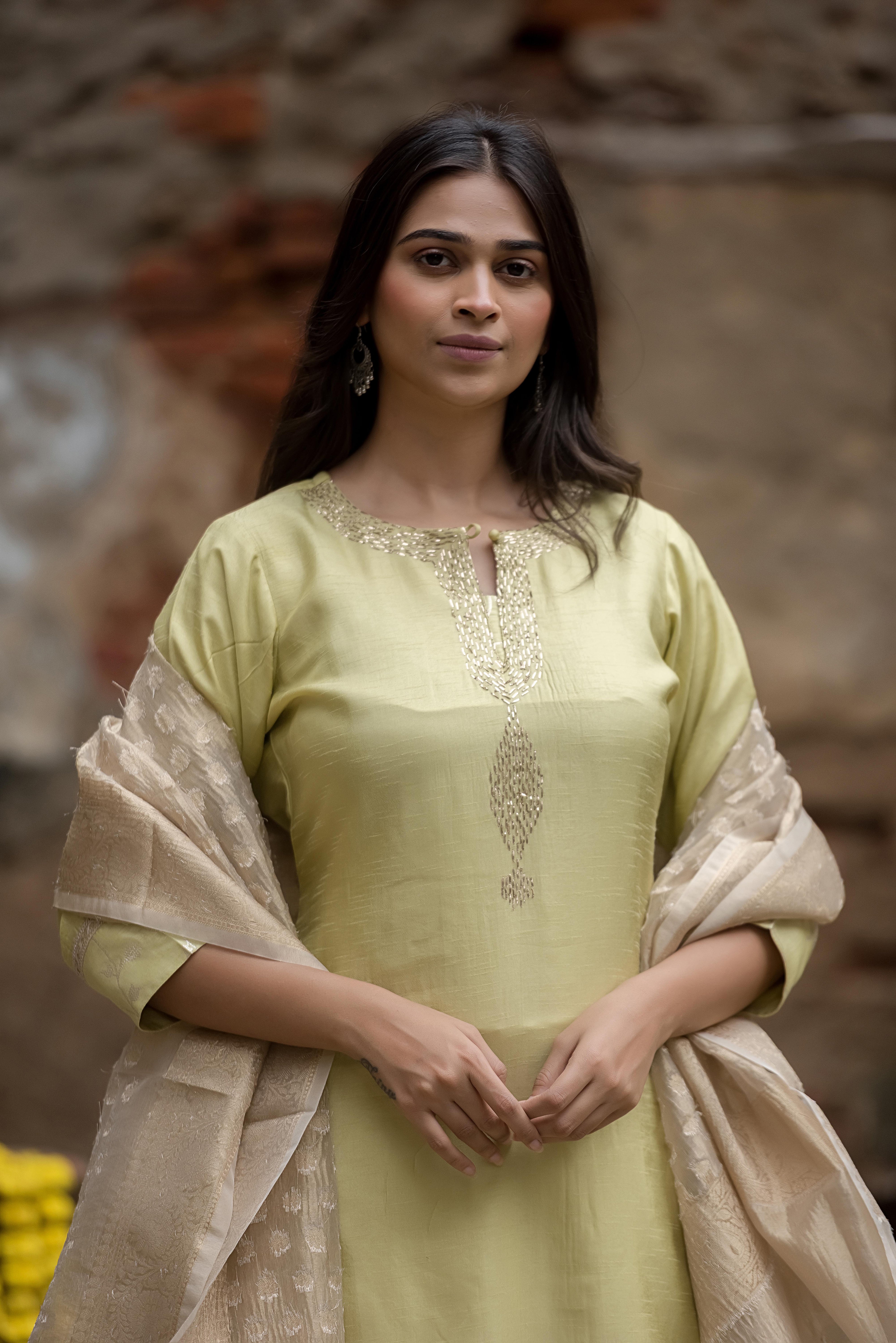 Pista Silk Suit With Delicate Khat Work