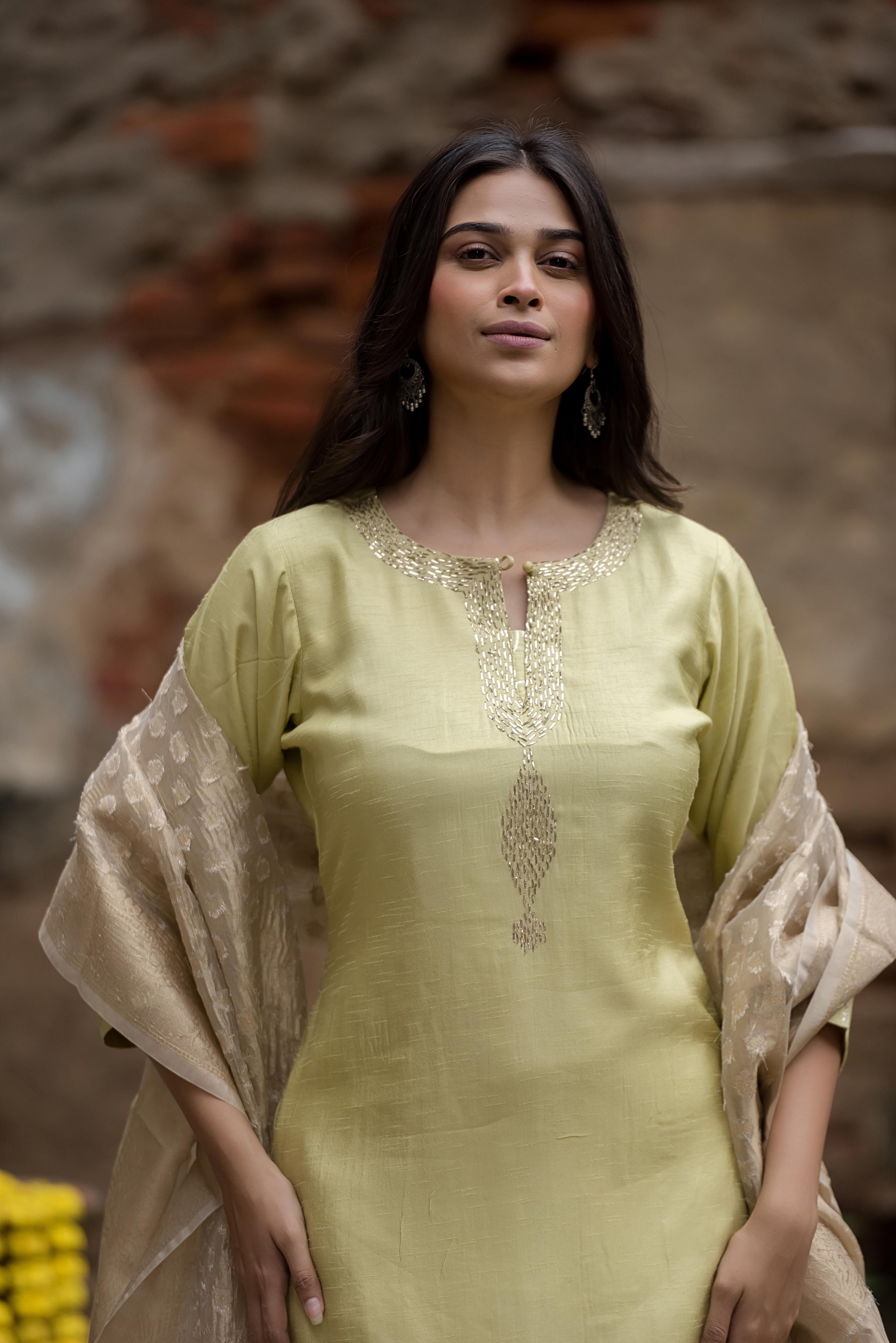 Pista Silk Suit With Delicate Khat Work