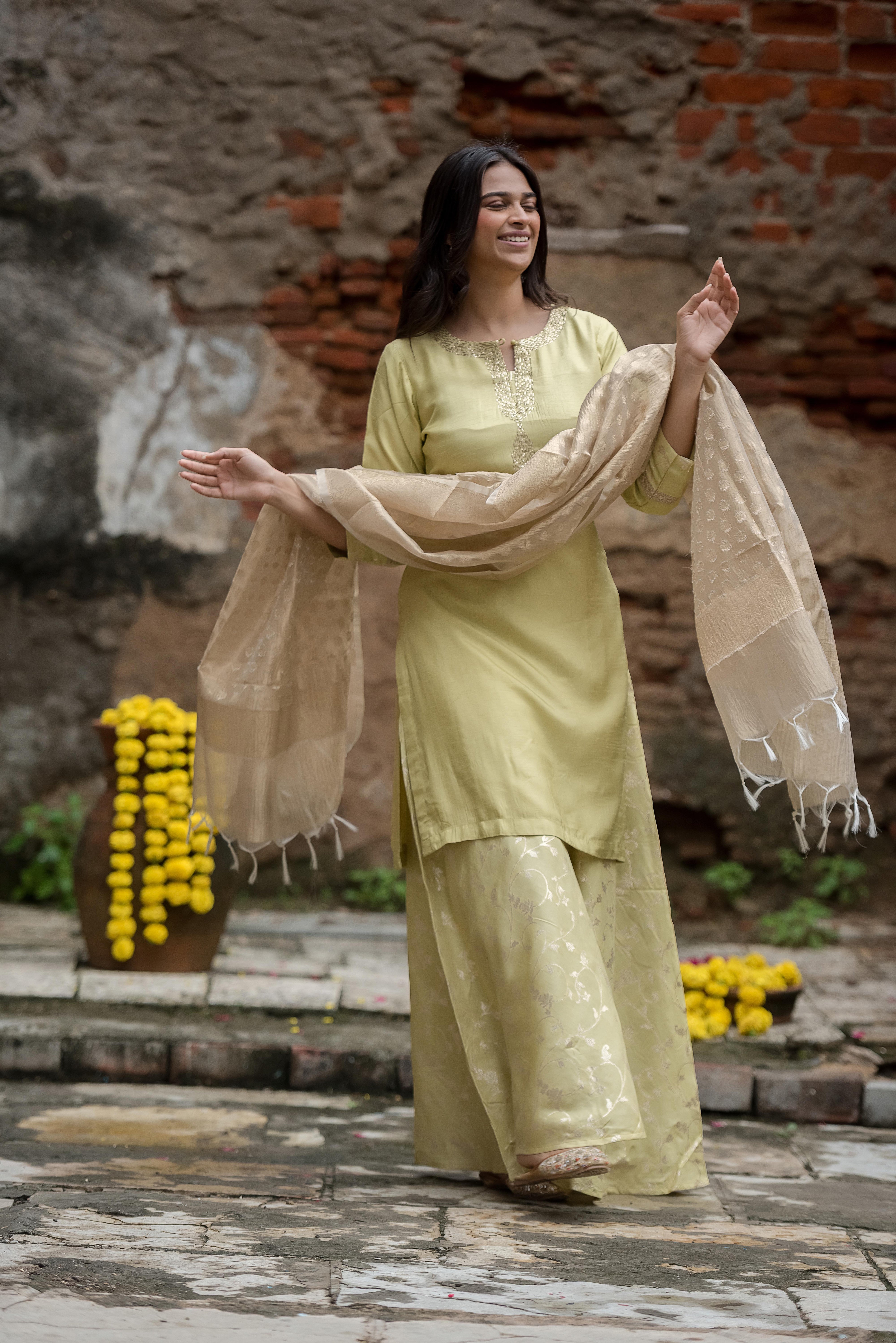 Pista Silk Suit With Delicate Khat Work