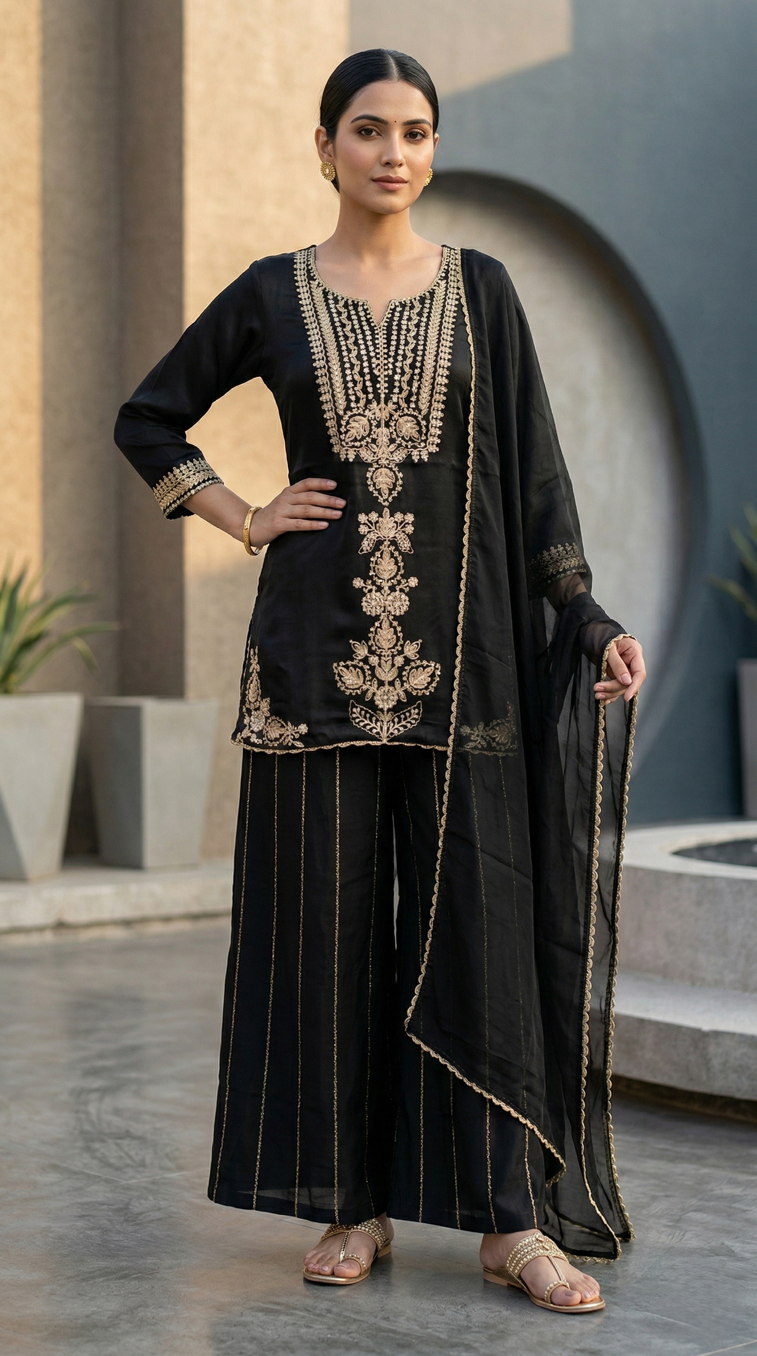 Elegant Black Silk Festive Short Top Suit Set