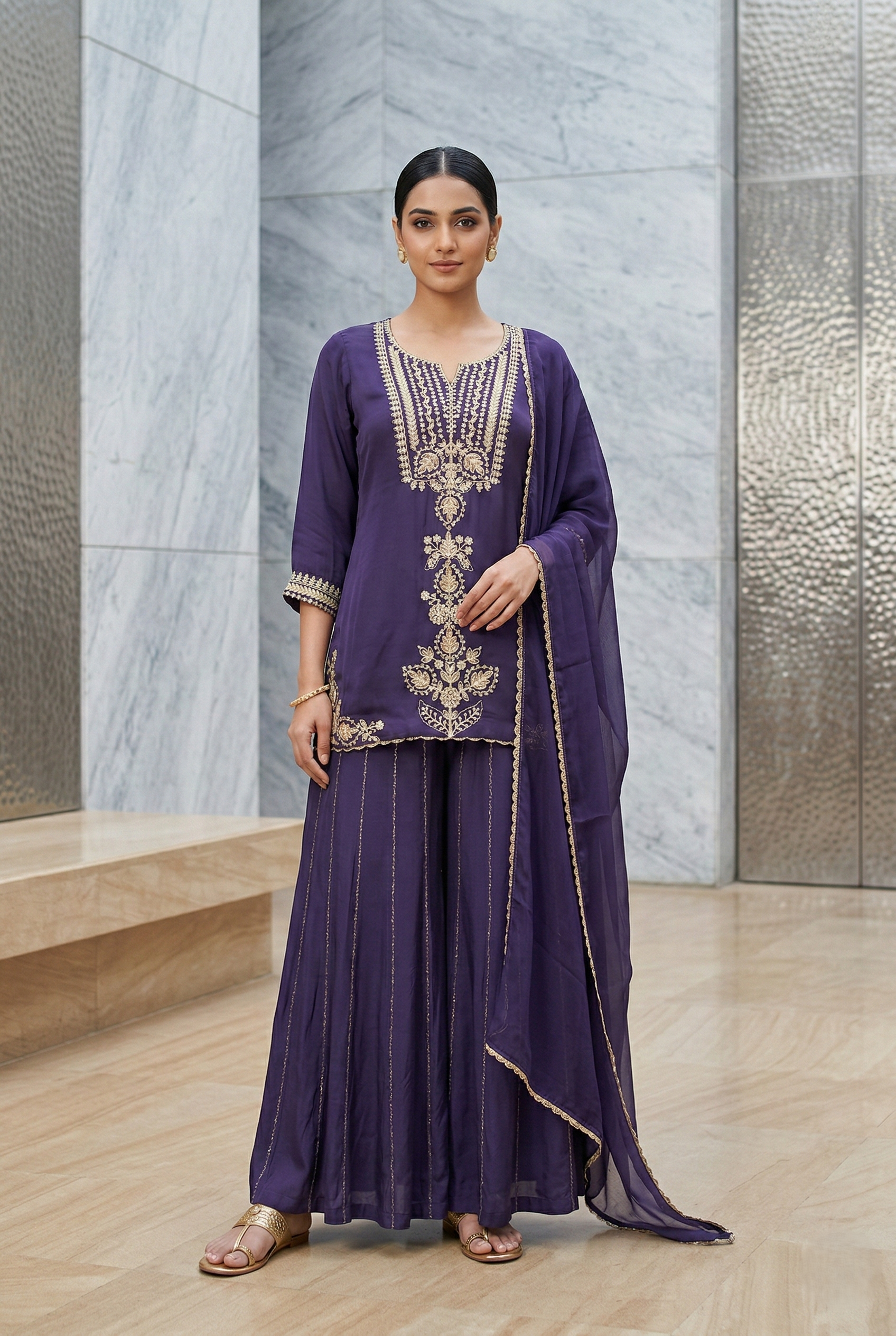 Elegant Purple Silk Festive Short Top Suit Set