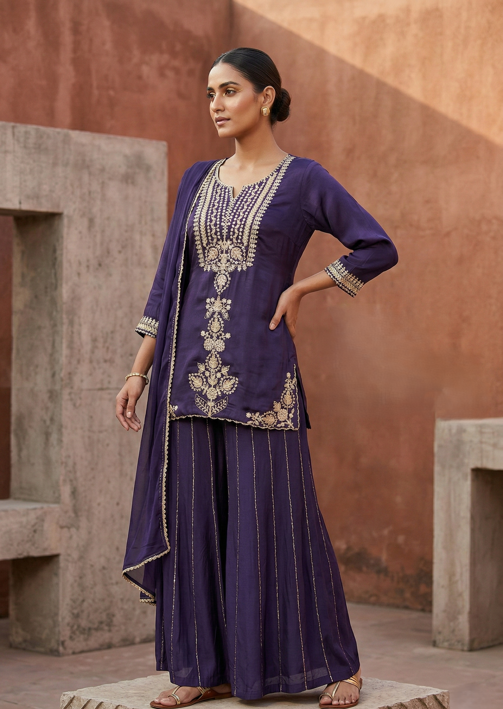 Elegant Purple Silk Festive Short Top Suit Set