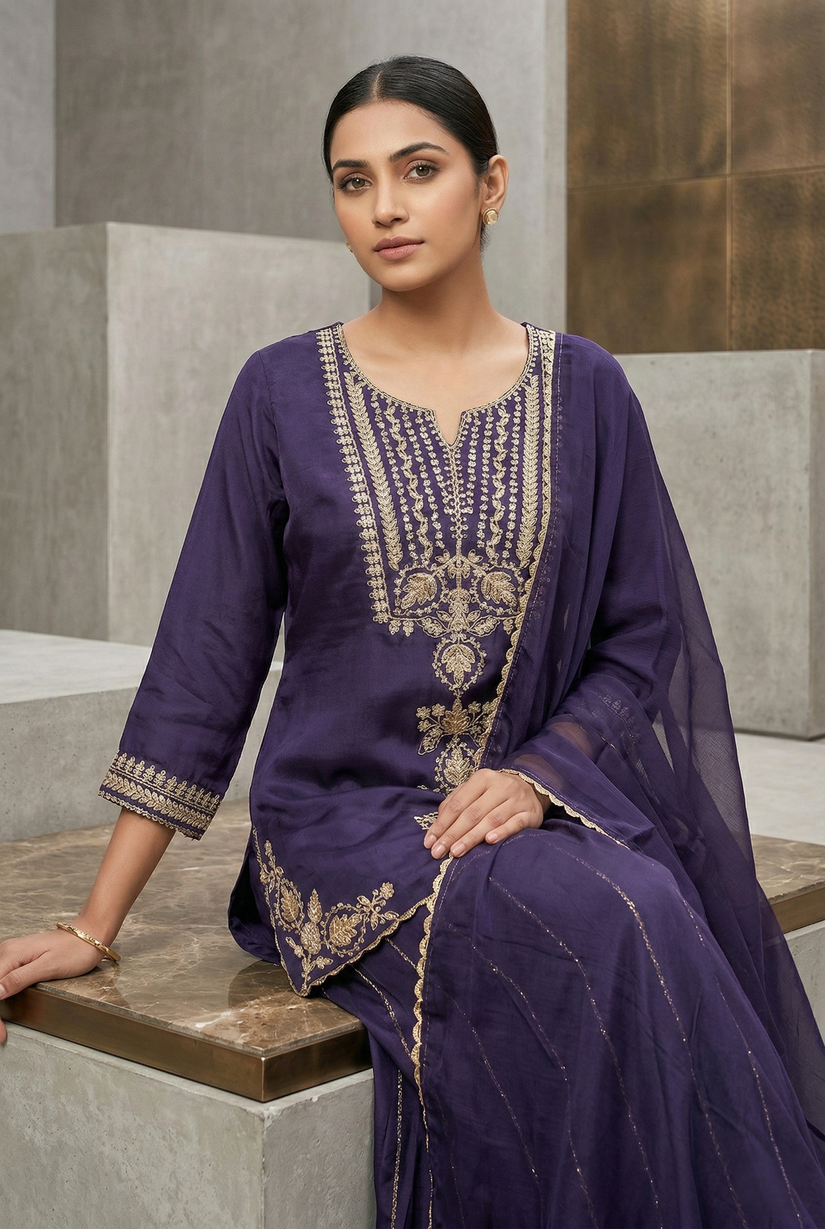 Elegant Purple Silk Festive Short Top Suit Set