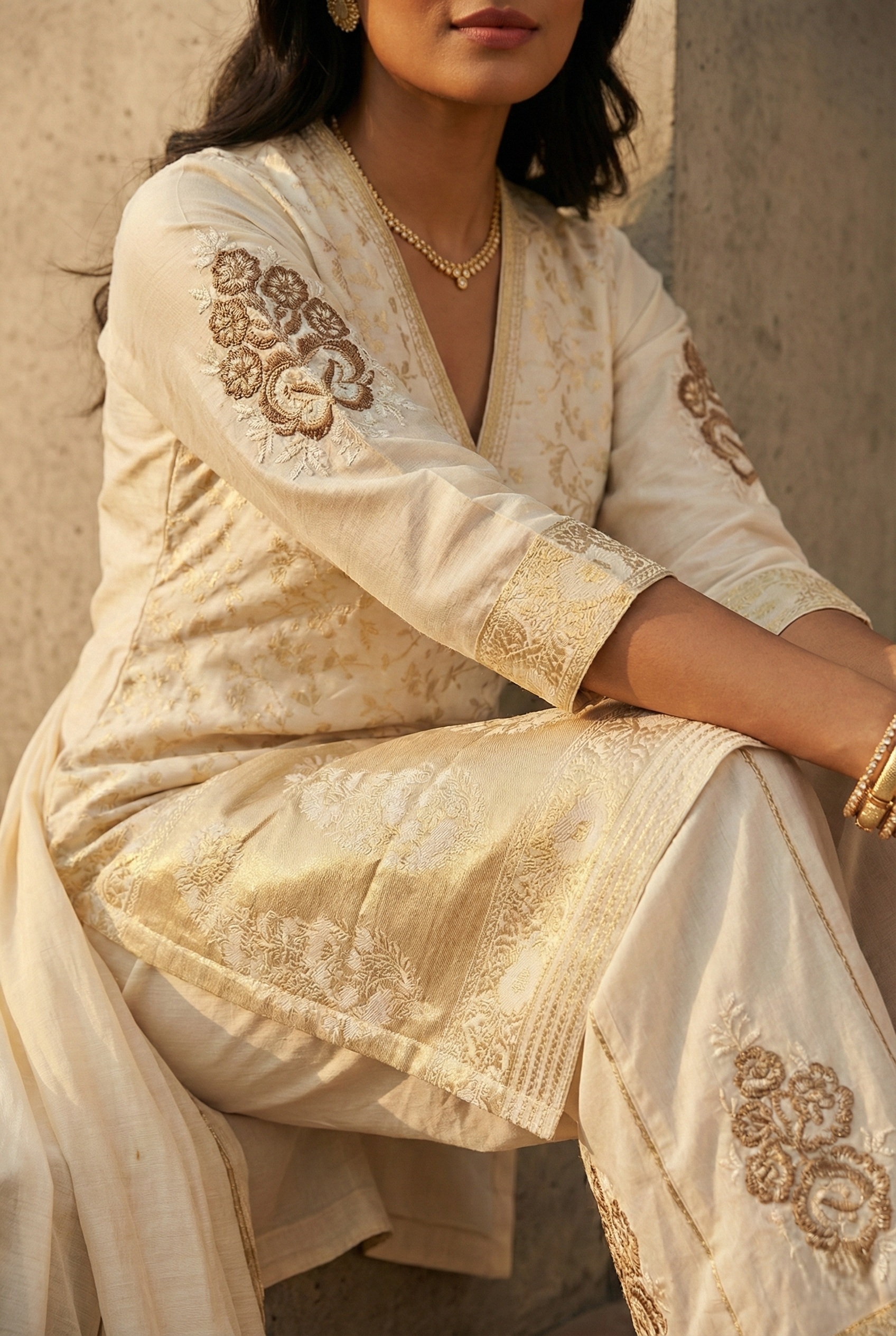 Cream Banarasi Straight Salwar Suit Set