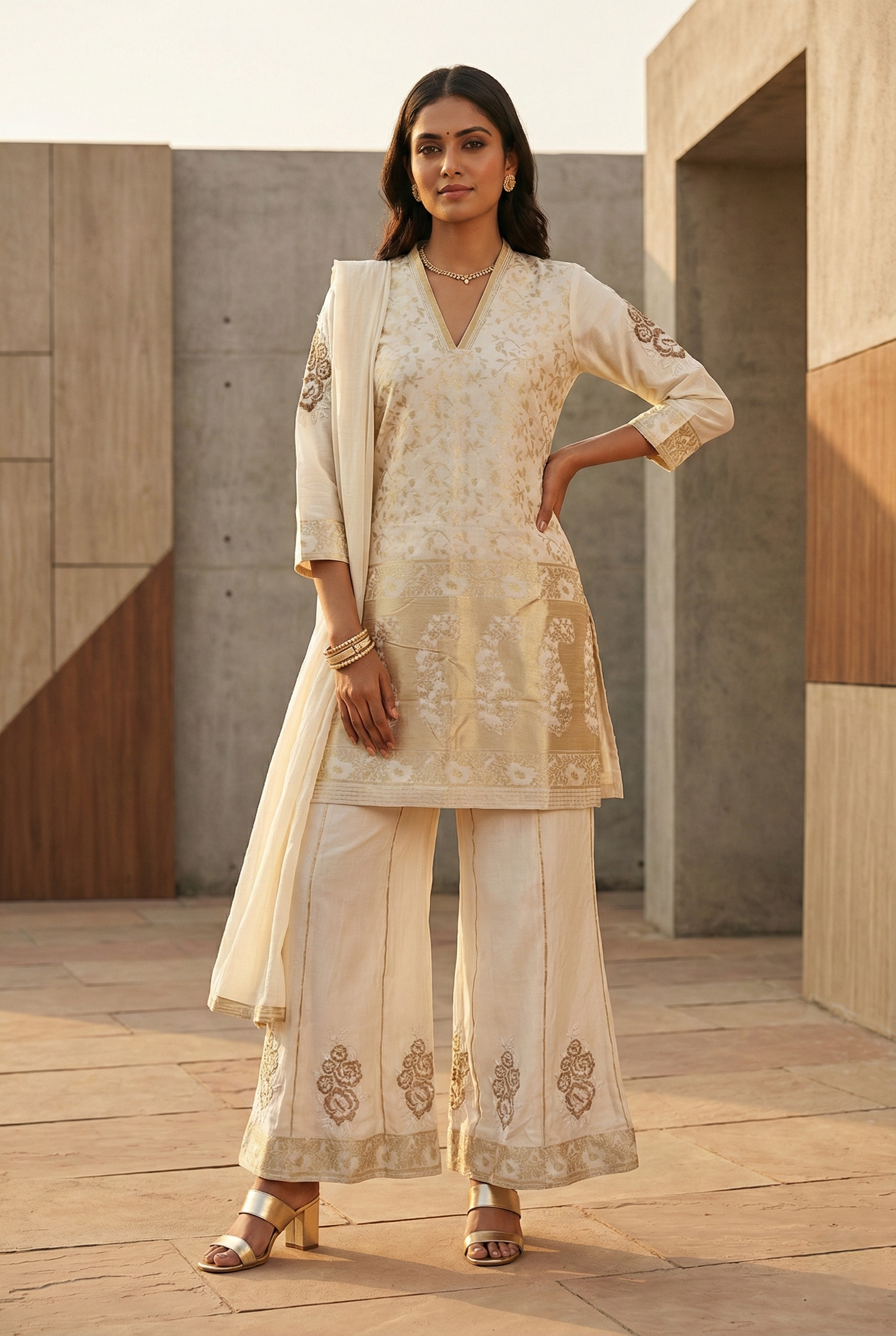 Cream Banarasi Straight Salwar Suit Set