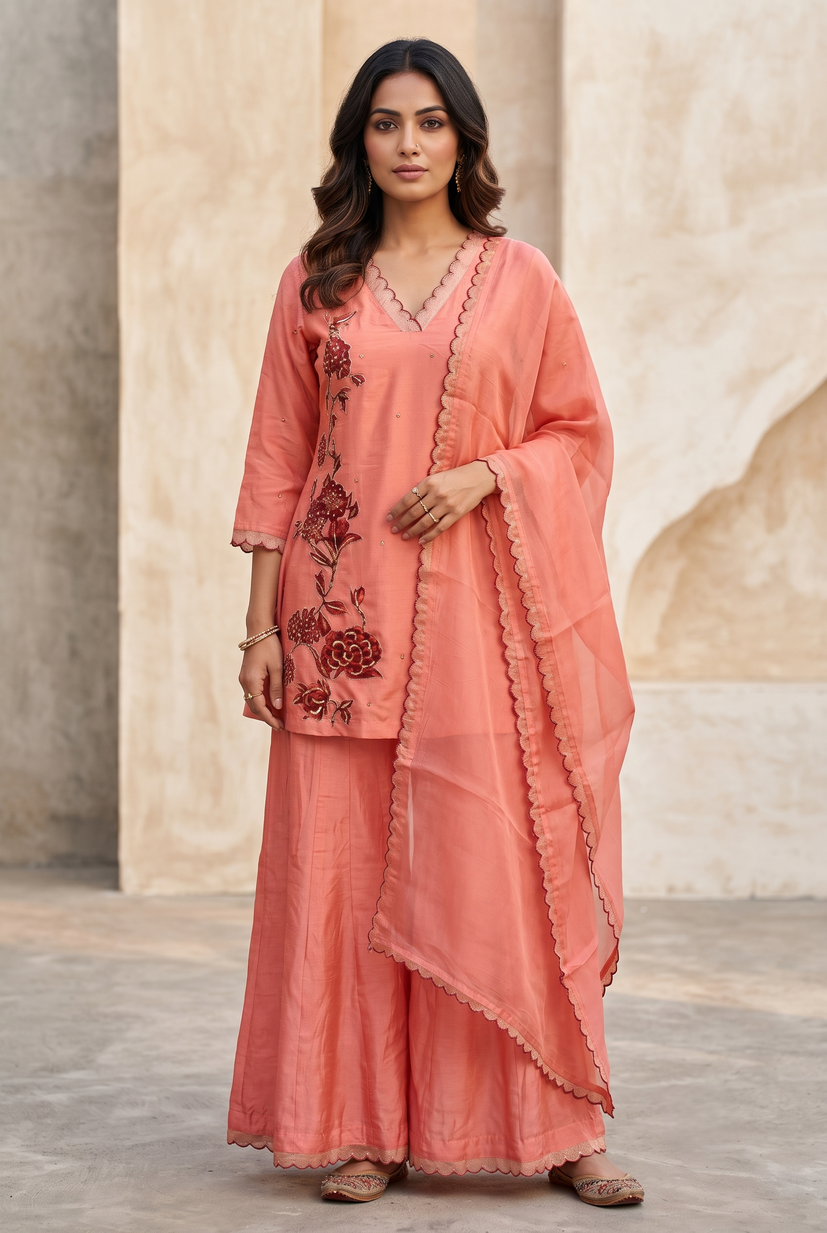 Peach Dola Silk Straight Suit Set