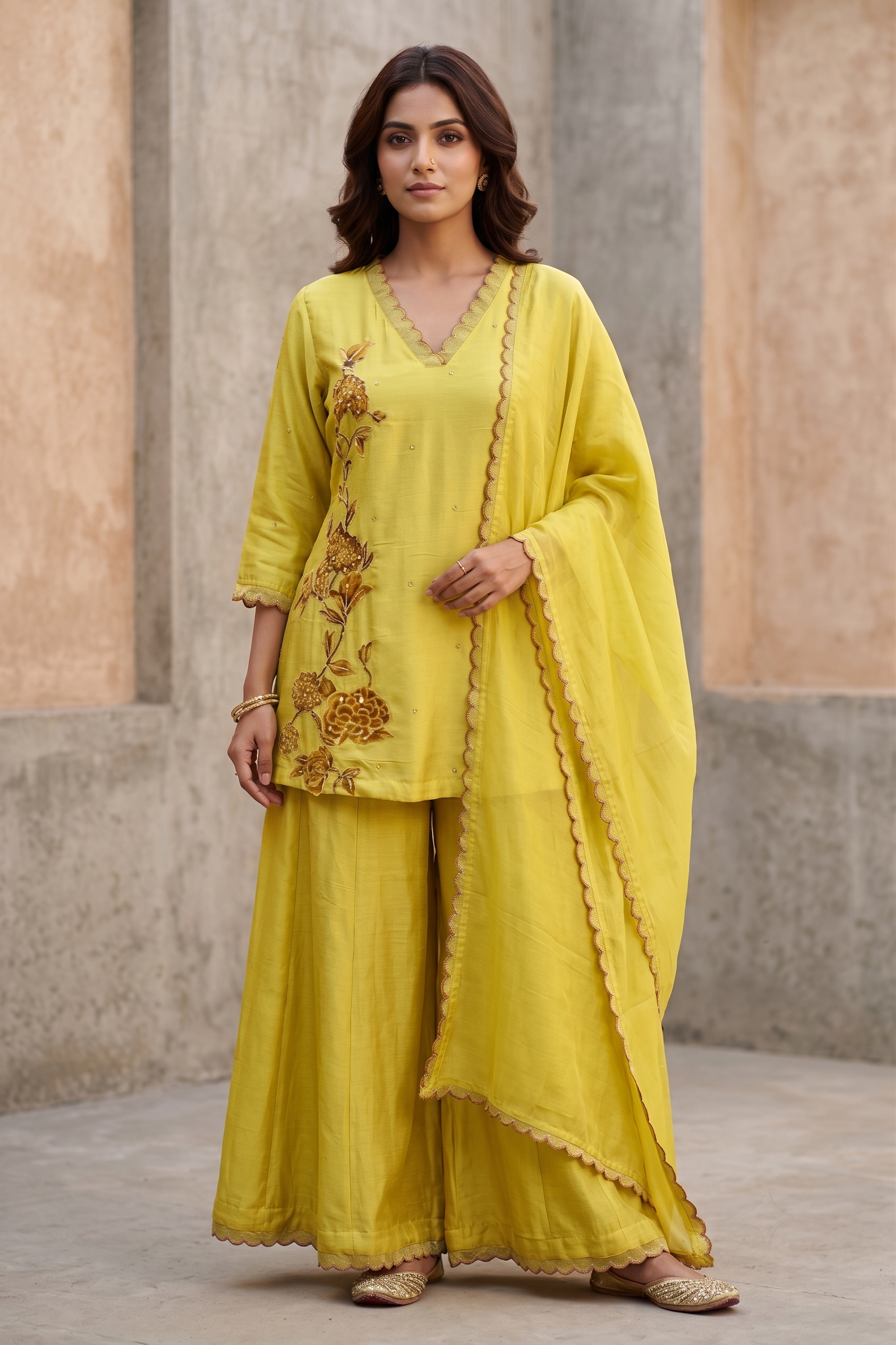 Yellow Dola Silk Straight Suit Set
