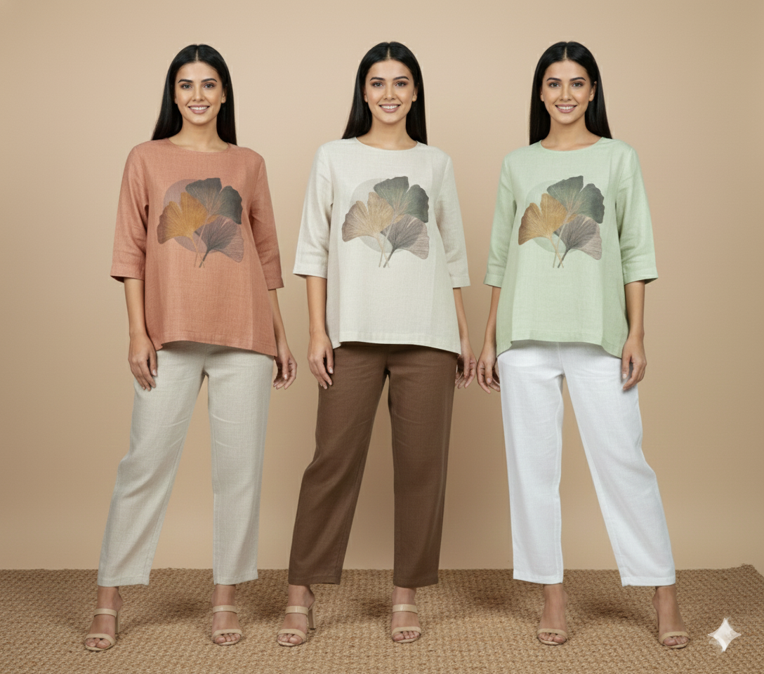 Women Relaxed Fit Linen Leaf Motif Top