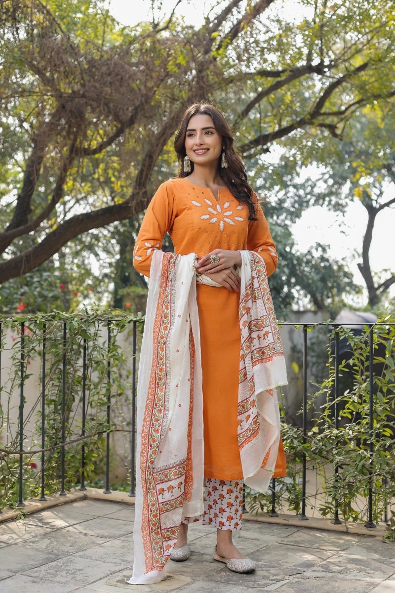 PAYAL Apricot Kurta Suit Set with Detailed Patch Work Embroidery - Payal
