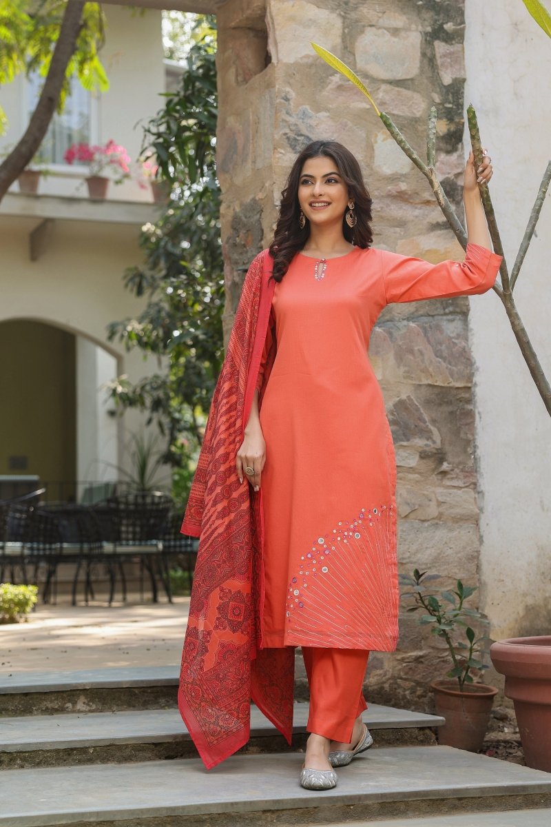PAYAL Apricot Kurta Suit Set with Mirror Work Detailing - Payal