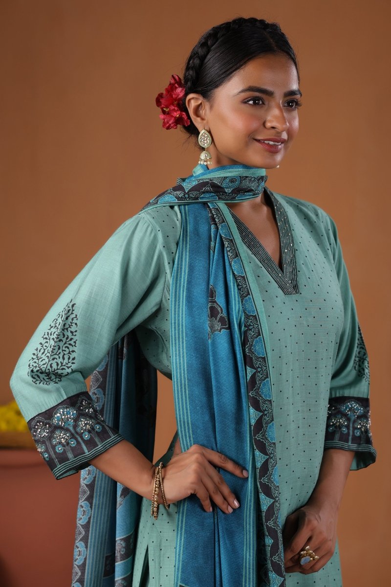 PAYAL Blue Kurta Suit Set with Block Print Design - Payal
