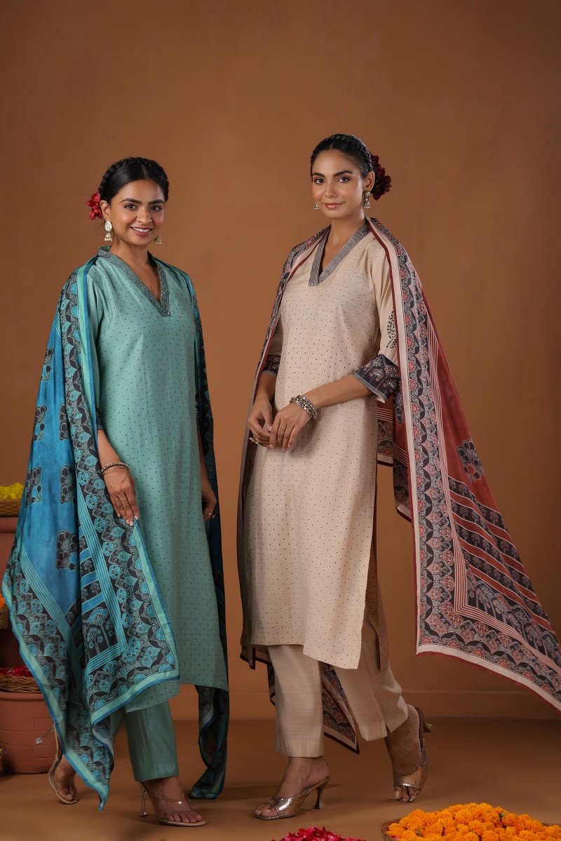 PAYAL Blue Kurta Suit Set with Block Print Design - Payal