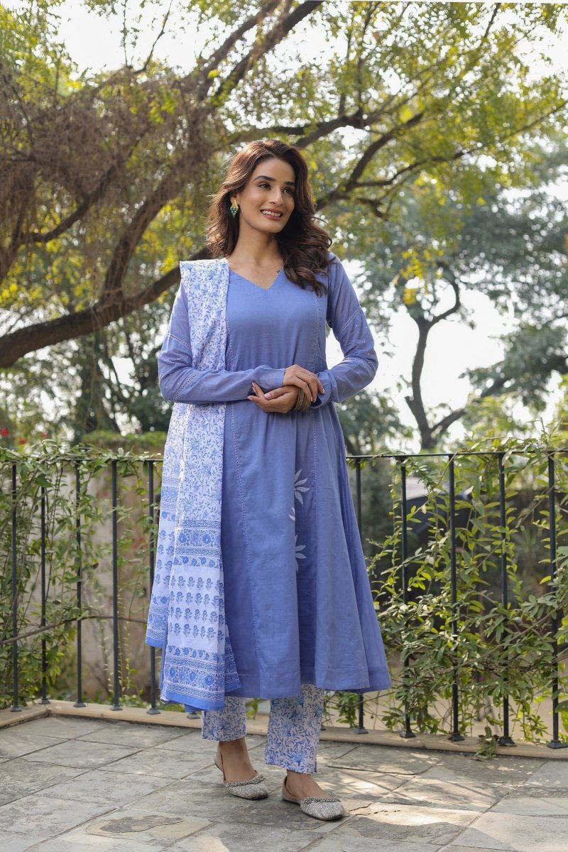 PAYAL Blue Kurta Suit Set with Cotton Printed Pants - Payal