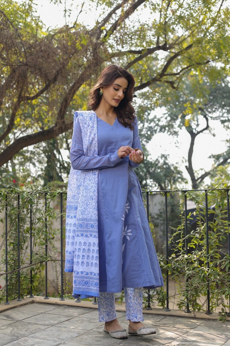 PAYAL Blue Kurta Suit Set with Cotton Printed Pants - Payal