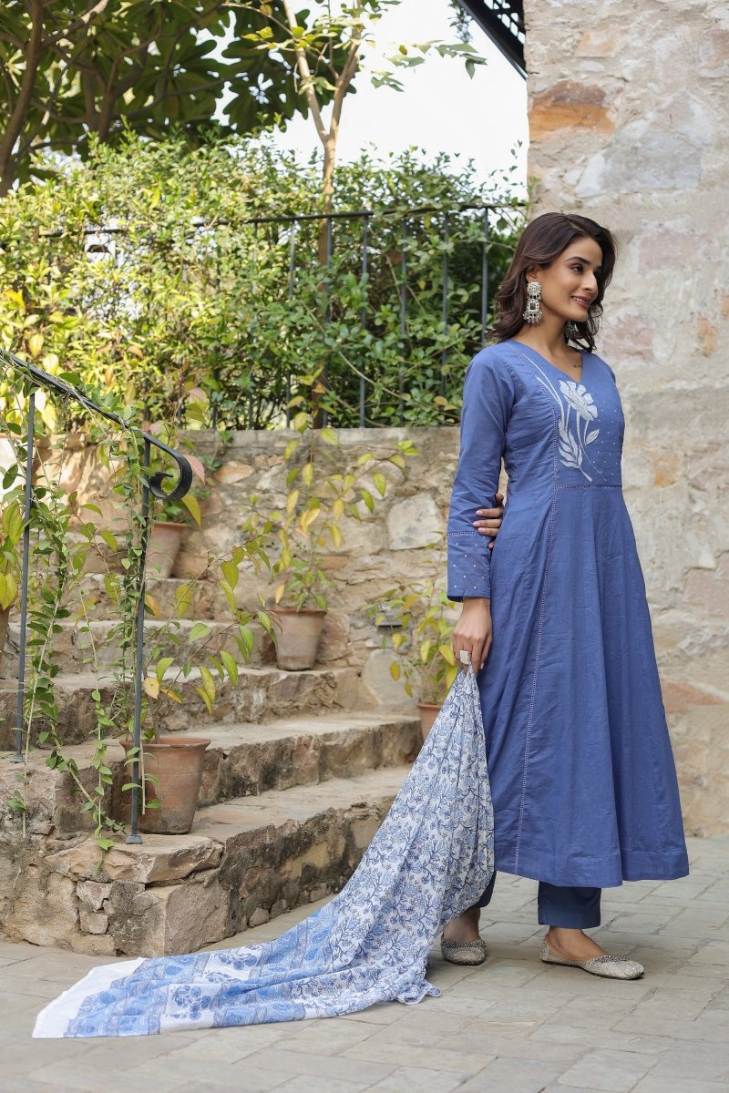 PAYAL Blue Kurta Suit Set with Floral Embroidery - Payal