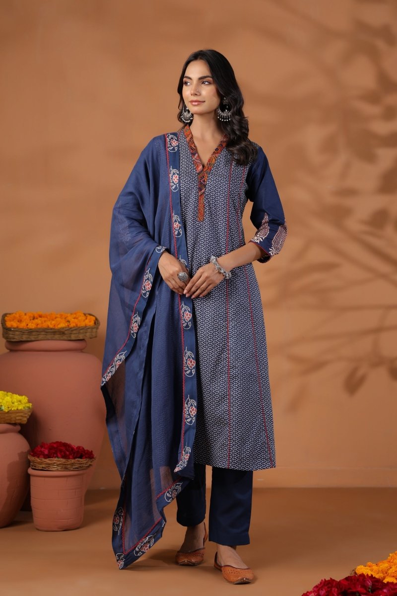 PAYAL Blue Kurta Suit with Printed Sleeve Design - Payal
