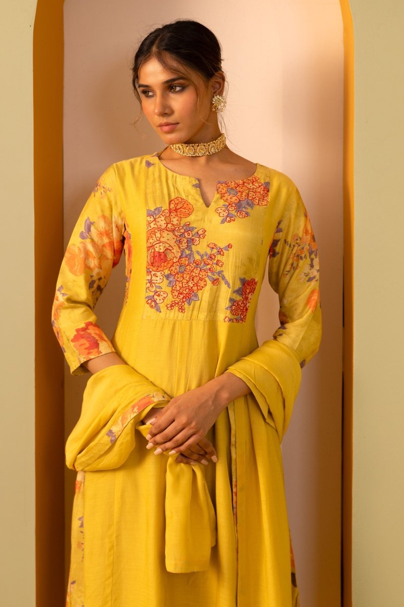 PAYAL Cadium Yellow Kalidar Suit Set with Intricate Computer Embroidery - Payal