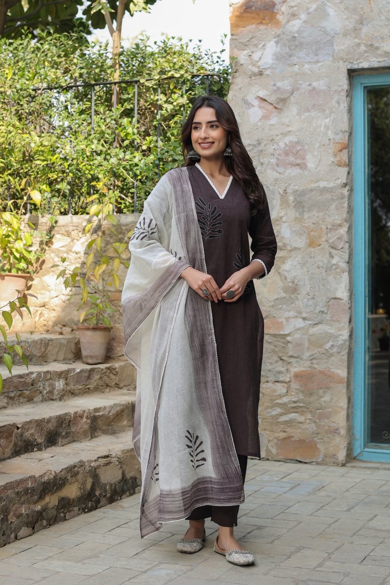 PAYAL Casual Coffee Kurta Suit Set with Block Print Detailing - Payal