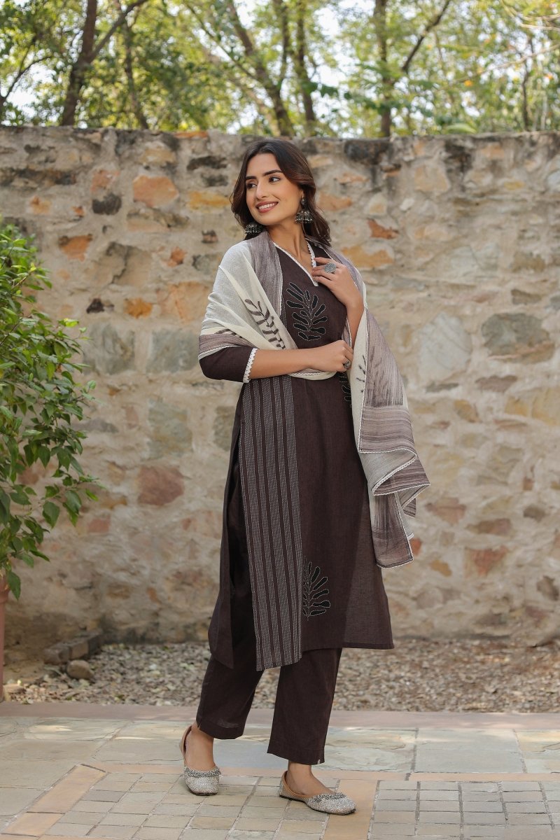 PAYAL Casual Coffee Kurta Suit Set with Block Print Detailing - Payal