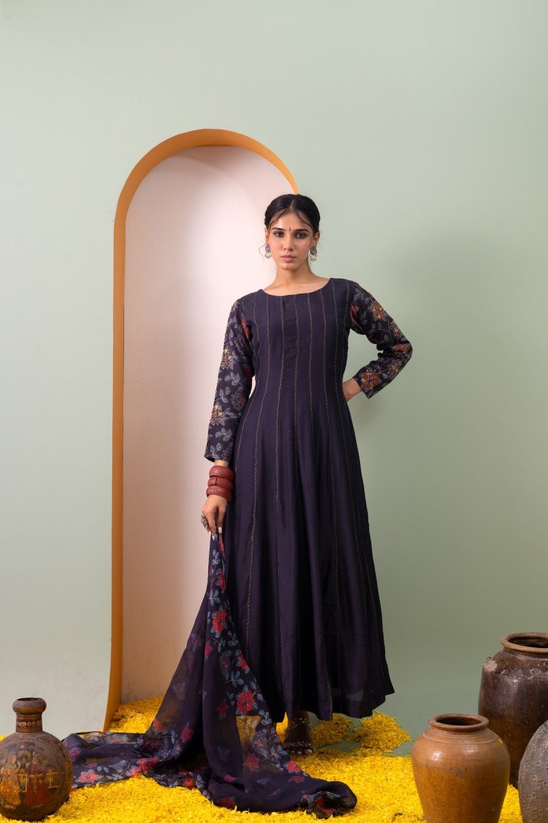 PAYAL Charcoal Grey Kalidar Suit Set with Delicate Aari embroidery - Payal