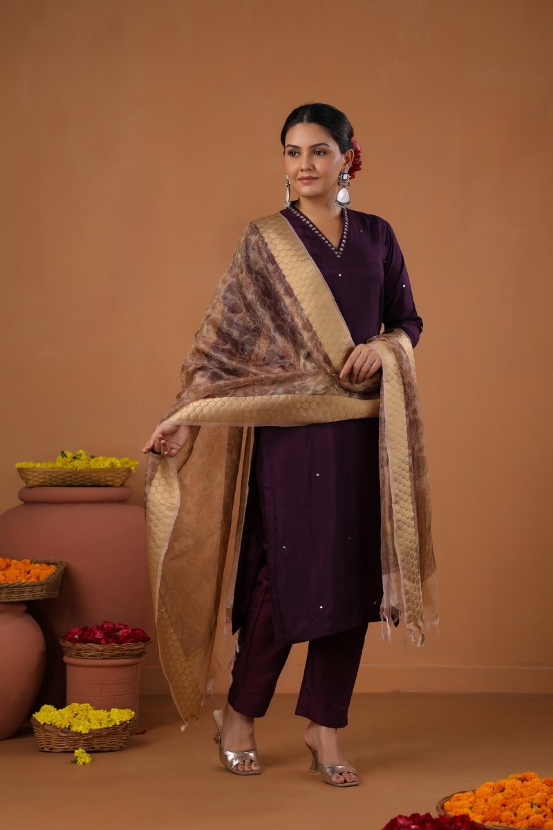 PAYAL Dark Purple Kurta Suit Set with Khat Work Detailing - Payal