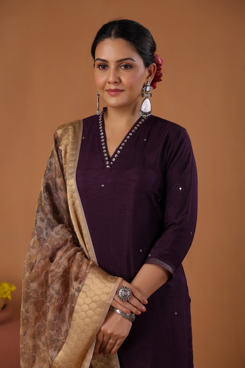 PAYAL Dark Purple Kurta Suit Set with Khat Work Detailing - Payal