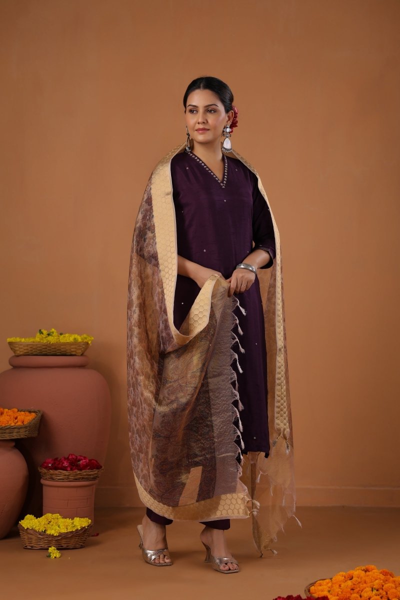PAYAL Dark Purple Kurta Suit Set with Khat Work Detailing - Payal
