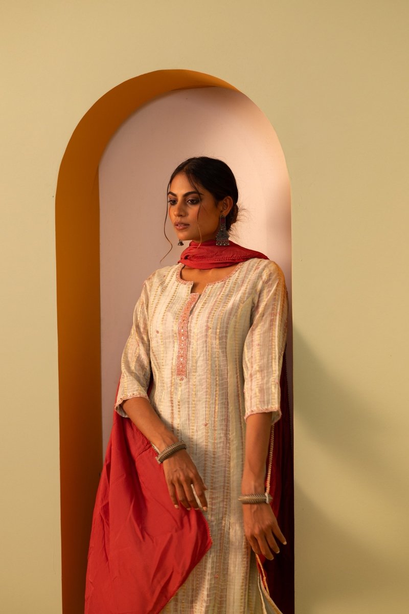 PAYAL Grey Silk Kurta Suit Set with Exquisite Khat Detailing - Payal