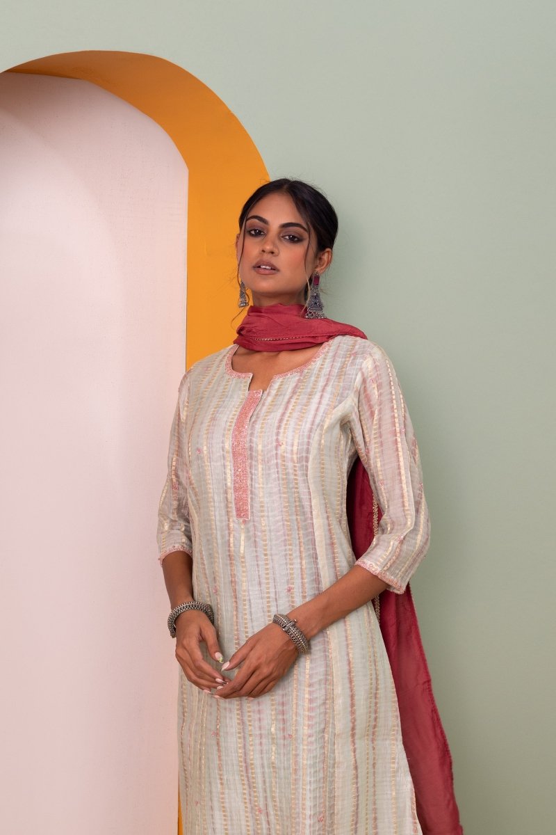 PAYAL Grey Silk Kurta Suit Set with Exquisite Khat Detailing - Payal